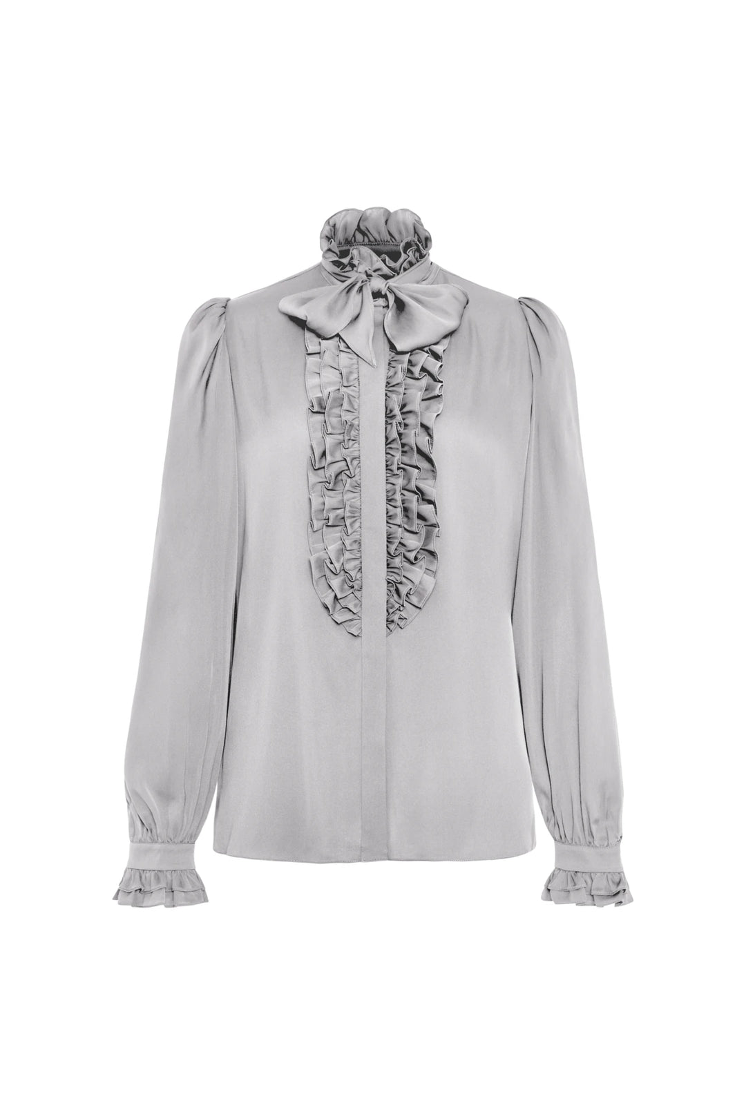 Silk blouse with ruffled front, high neck bow, and ruffled cuffs; tailored silhouette. Front view on white.