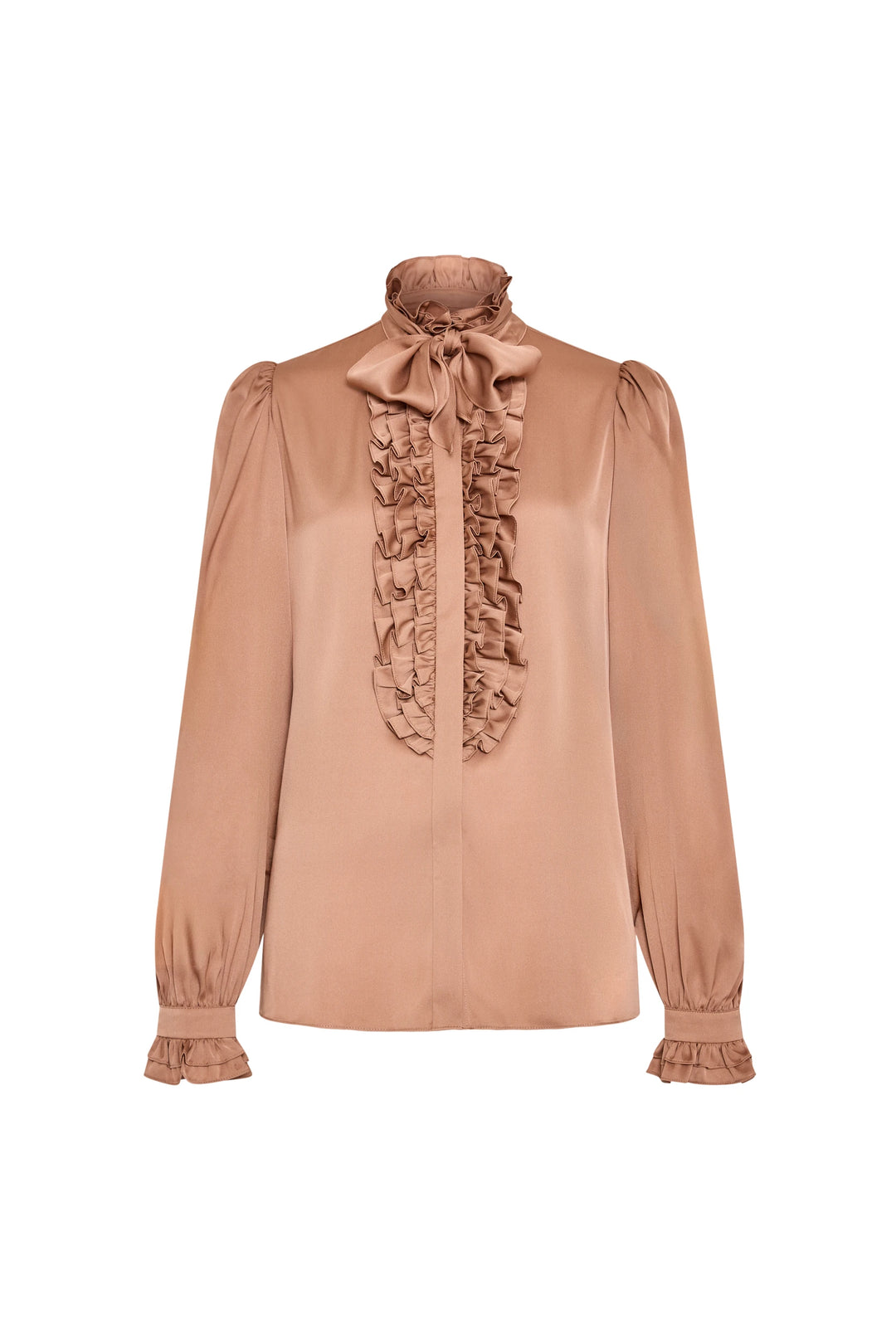 Light brown silk blouse with long sleeves, front ruffles, bow collar, and ruffled cuffs; front view on white.