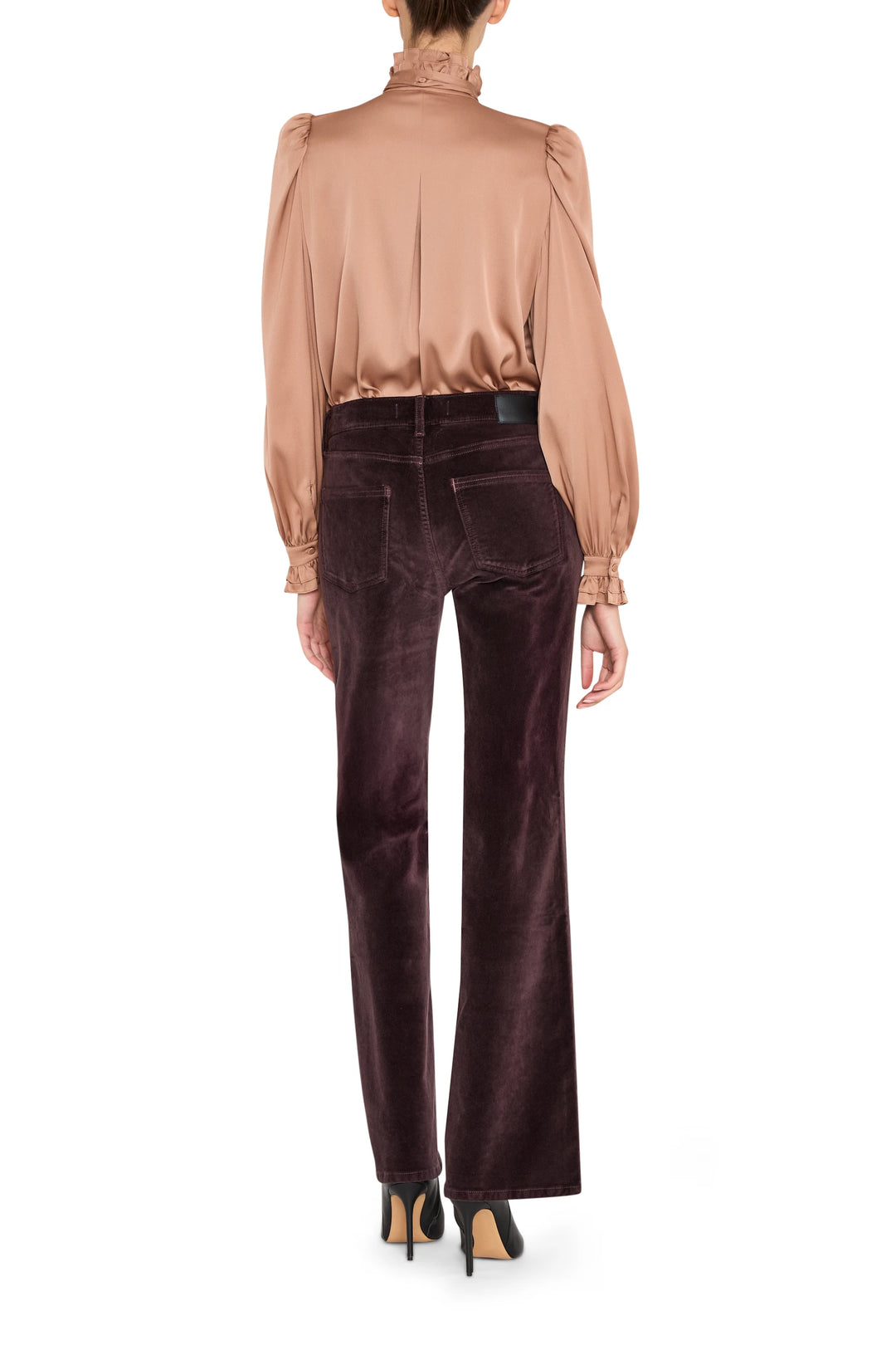Silk blouse with ruffled collar and cuffs, relaxed fit, long sleeves. Back view on model.