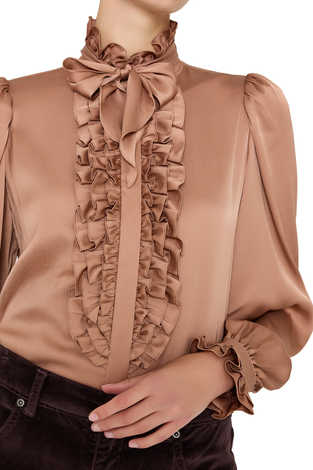 Model wears North Silk Ruffle Blouse with puffed sleeves and neck bow, shown from shoulders to waist.