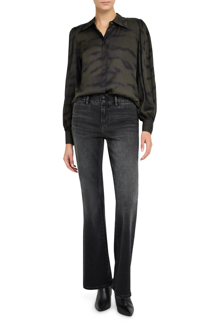 Davis Printed Blouse with relaxed silhouette, long sleeves, pintuck details; front view on model.