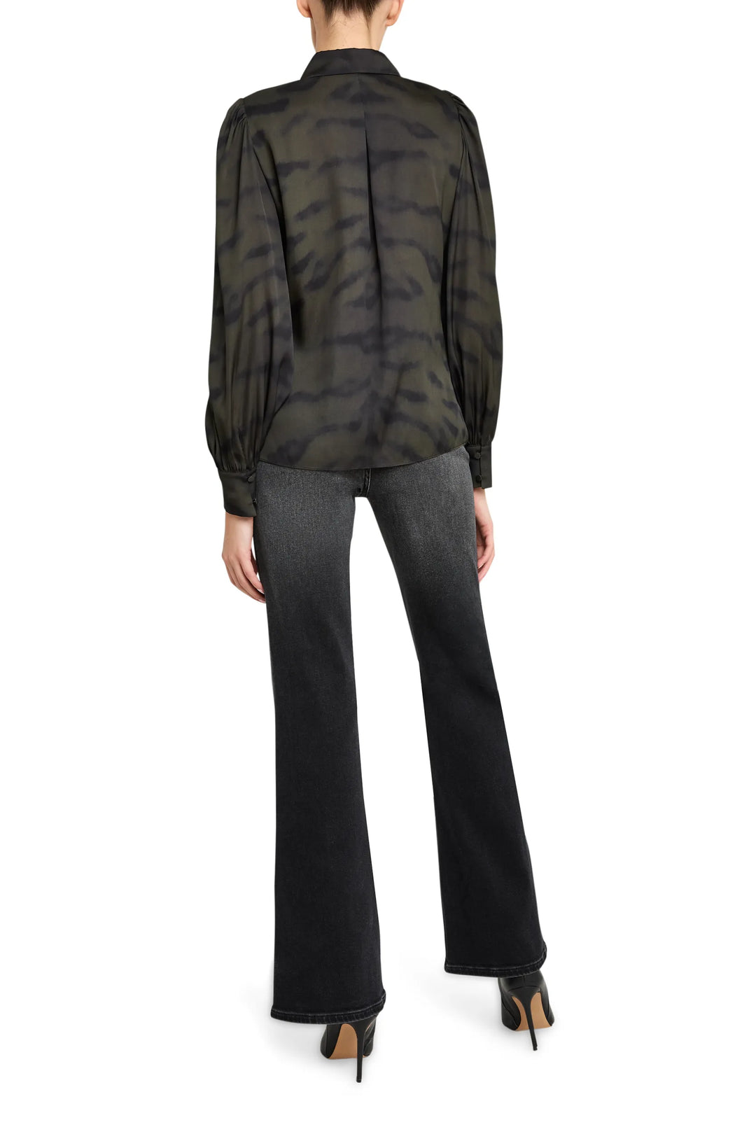 Relaxed silhouette blouse with subtle print, long sleeves, soft drape; back view on model.