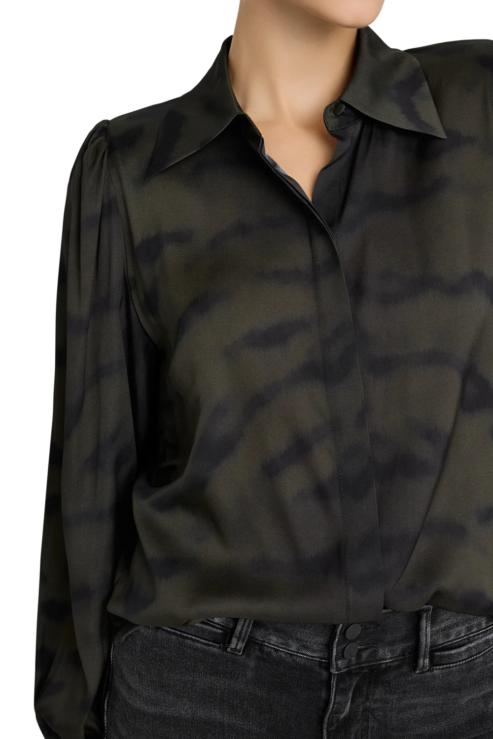 Silk blouse with painterly tiger motifs, relaxed silhouette, point collar, button front; front view on white.