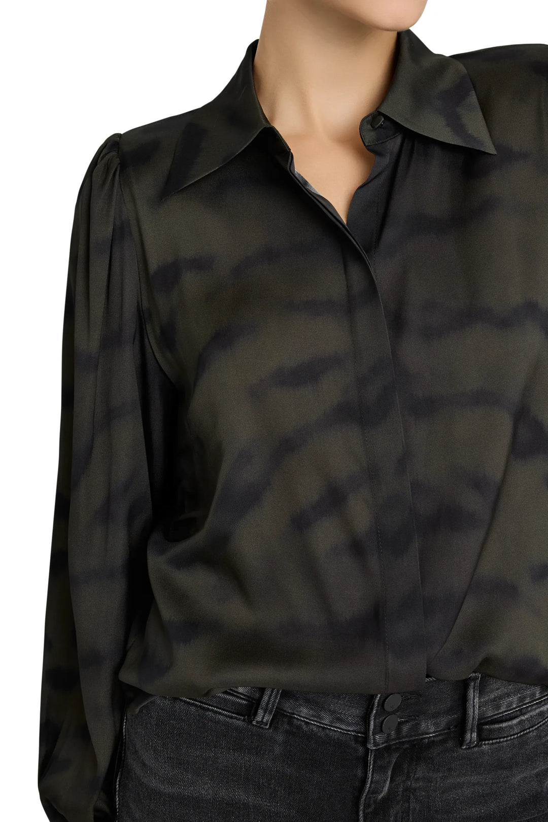 Blouse with relaxed silhouette, tiger-inspired motifs, button front, long sleeves; front view on model.