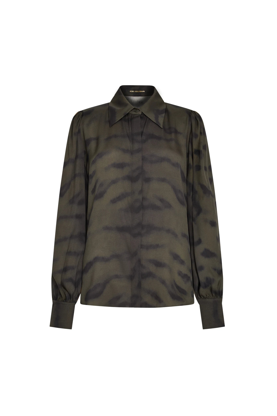 Long-sleeve blouse with collared neckline, relaxed silhouette, button front, allover tiger-inspired print; front view on white.
