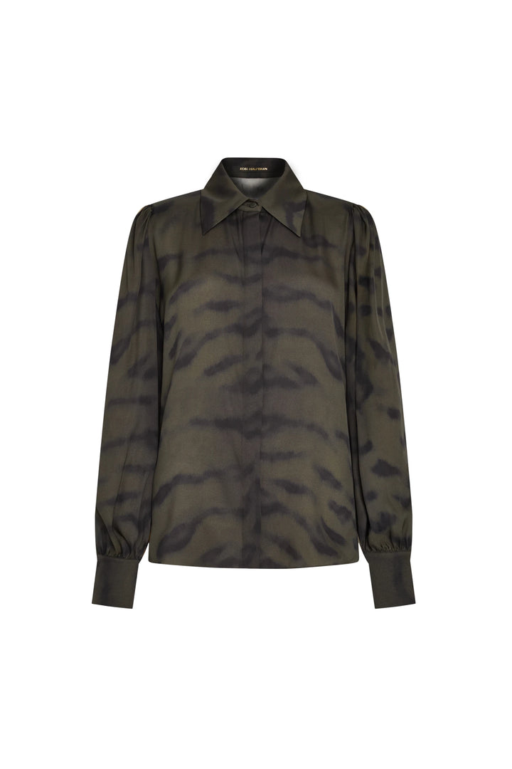 Long-sleeve blouse with collared neckline, relaxed silhouette, button front, allover tiger-inspired print; front view on white.