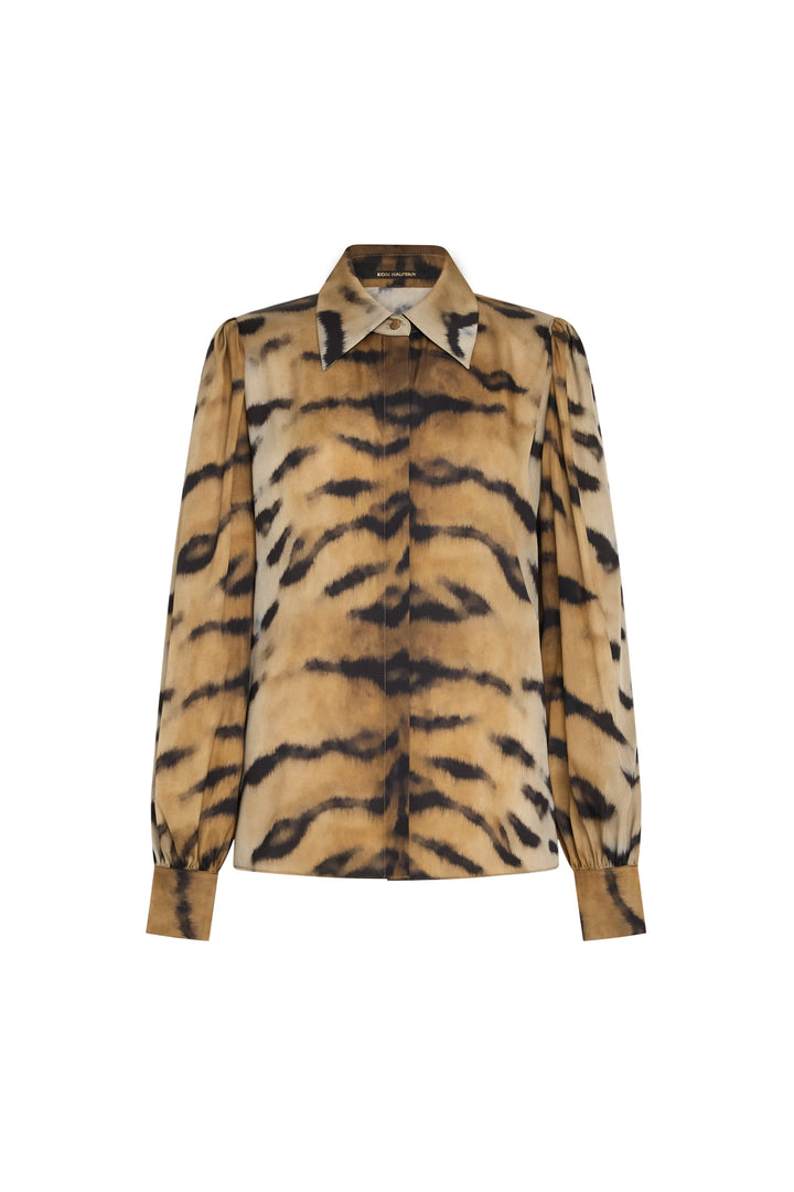 Long-sleeved stretch silk blouse, button-up front, shirt collar, tiger motif print; front view on white.