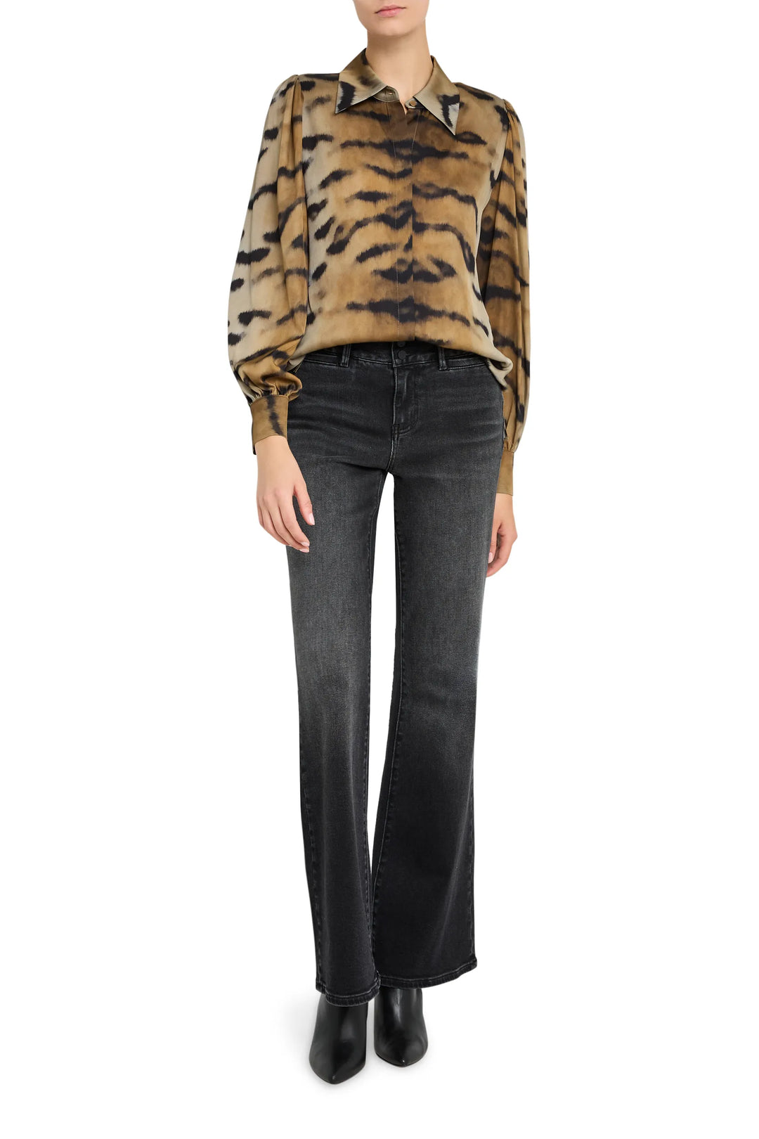 Relaxed-fit Davis Printed Blouse with bishop sleeves and pintuck detailing, front view on model.
