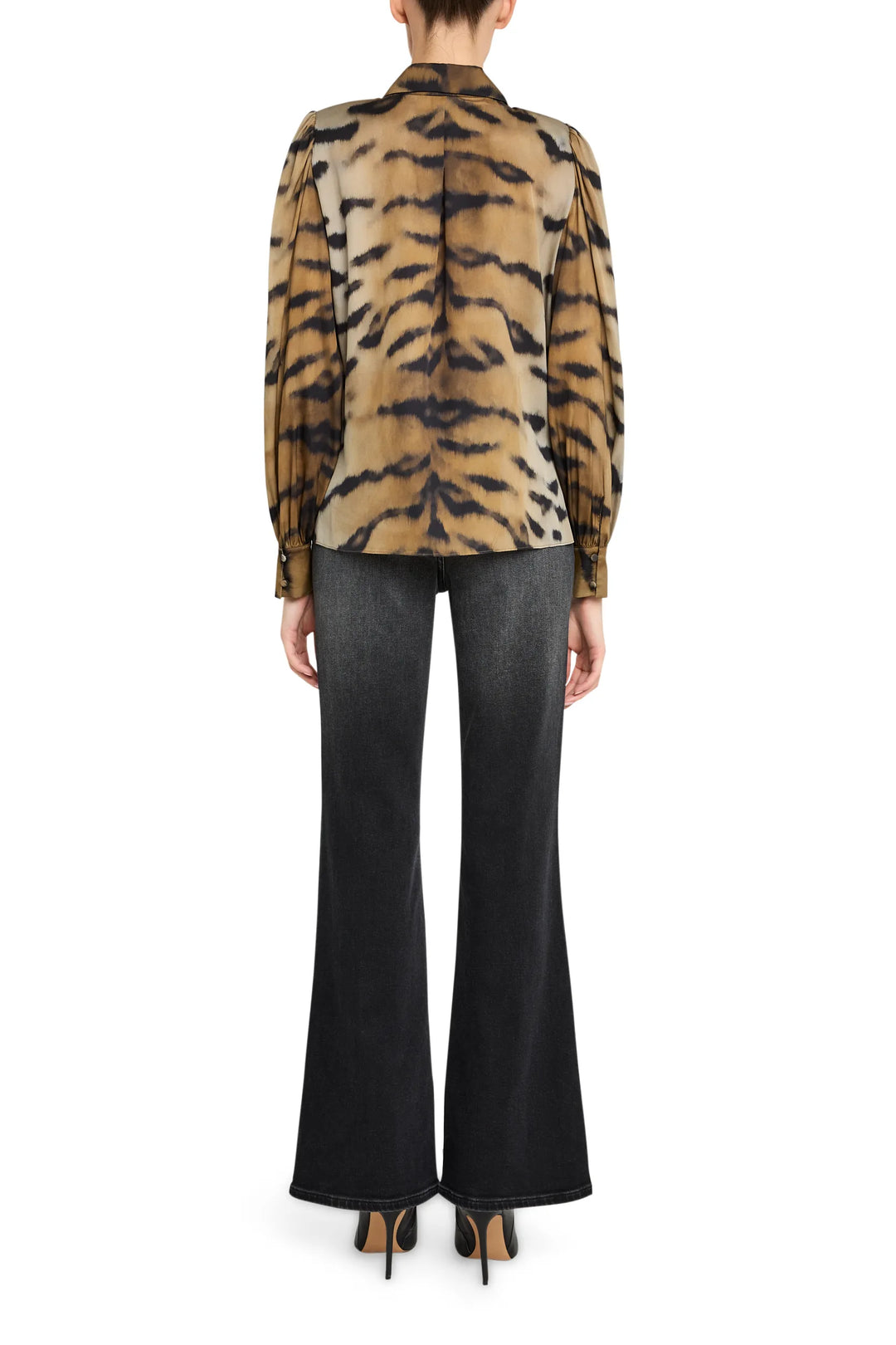 Relaxed-fit blouse with tiger motifs, long sleeves, shirttail hem in lightweight fabric; back view on white background.