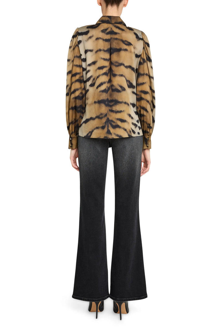 Relaxed-fit blouse with tiger motifs, long sleeves, shirttail hem in lightweight fabric; back view on white background.