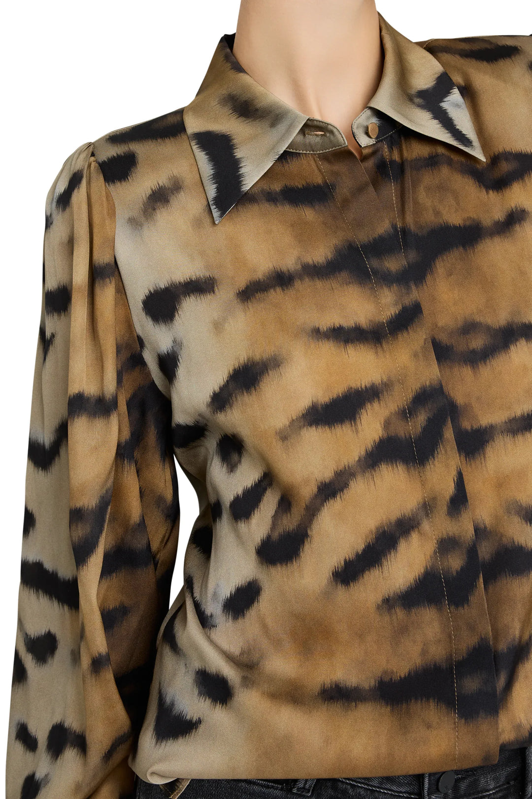 Stretch silk blouse with collared neckline, long sleeves, and tiger print motifs. Front view on model.