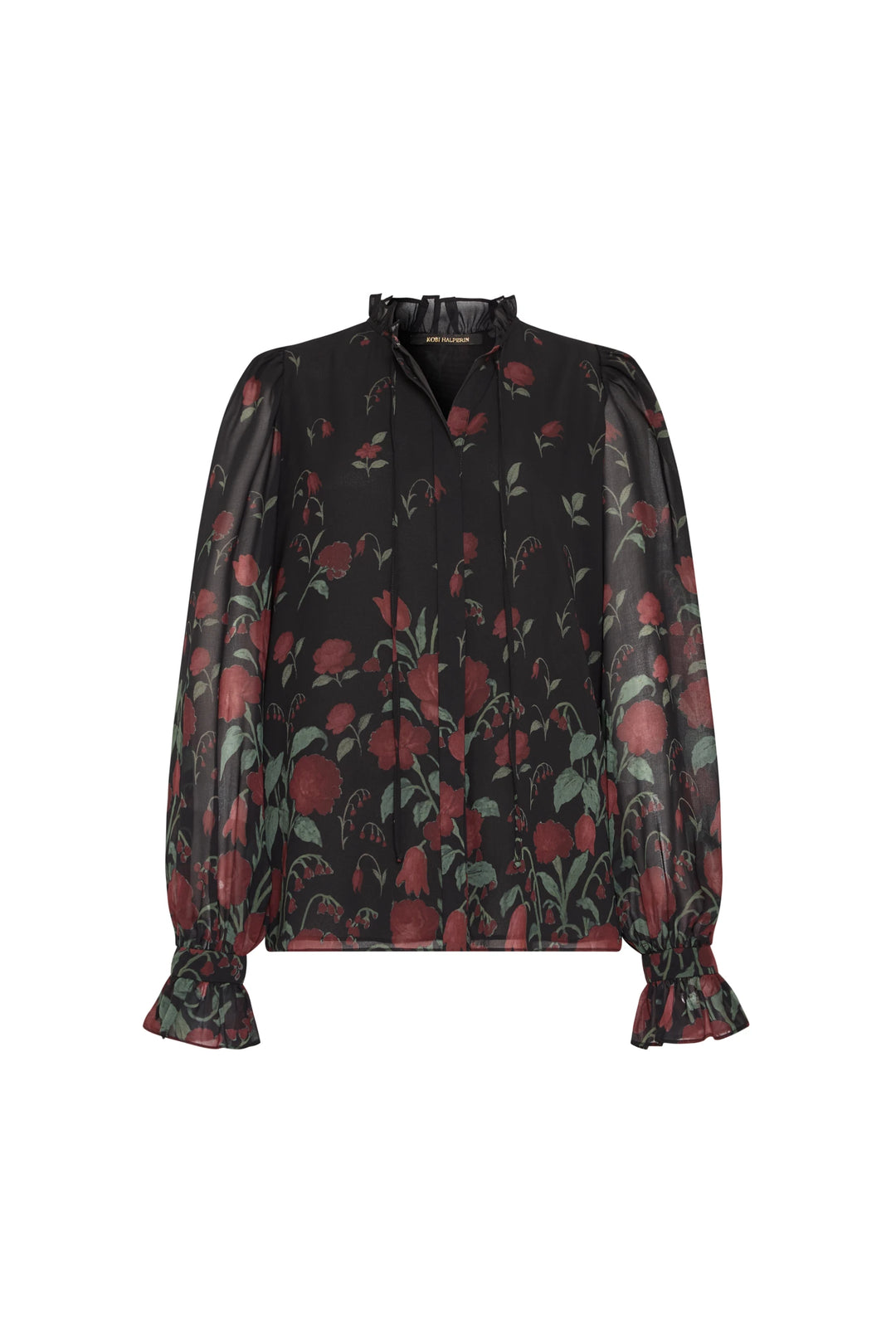 Sheer chiffon blouse with puffed long sleeves, ruffled cuffs and neckline, floral bouquet print; front view on white.