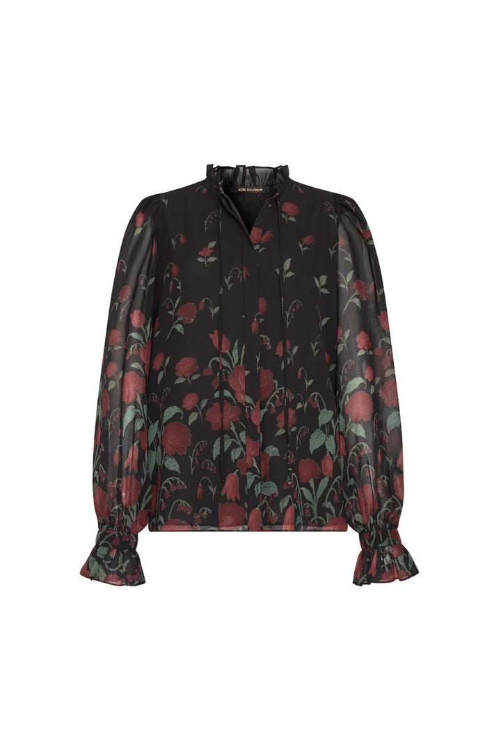 Sheer chiffon blouse with puffed long sleeves, ruffled cuffs and neckline, floral bouquet print; front view on white.
