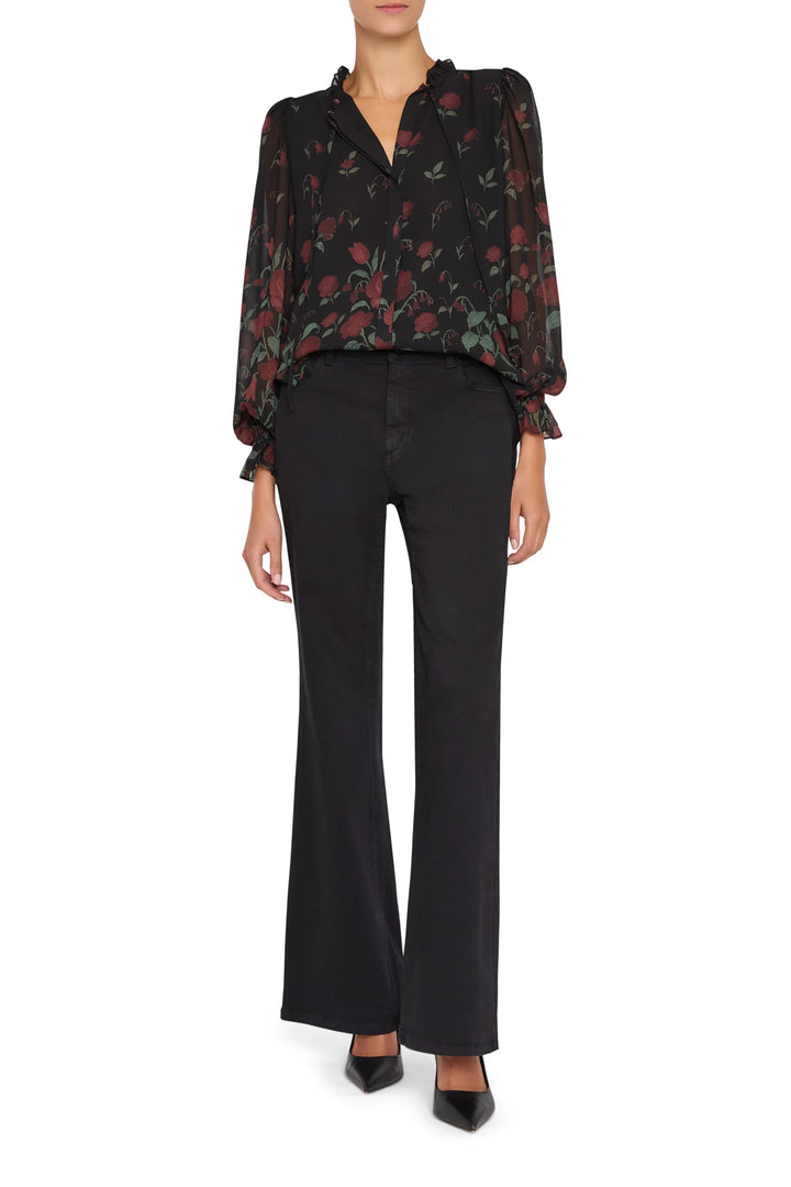Chiffon blouse with allover print, ruffle neckline, puff sleeves. Construction details visible; front view on white.