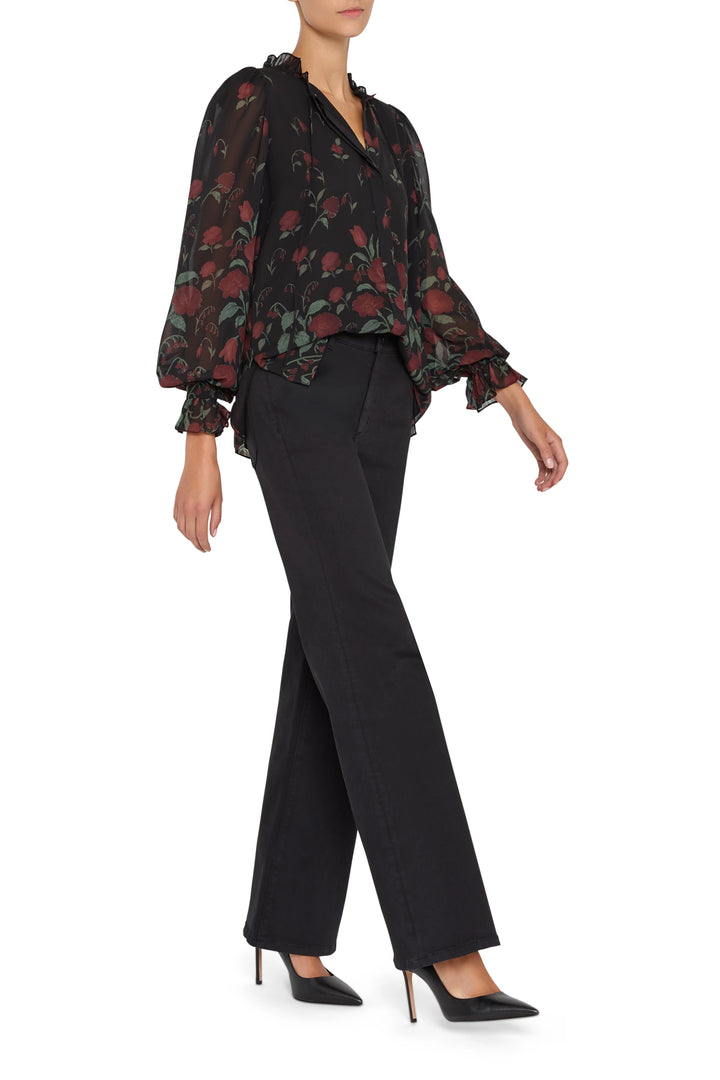 Sheer chiffon blouse with relaxed silhouette, shirt collar, button front, long sleeves; front view on white.
