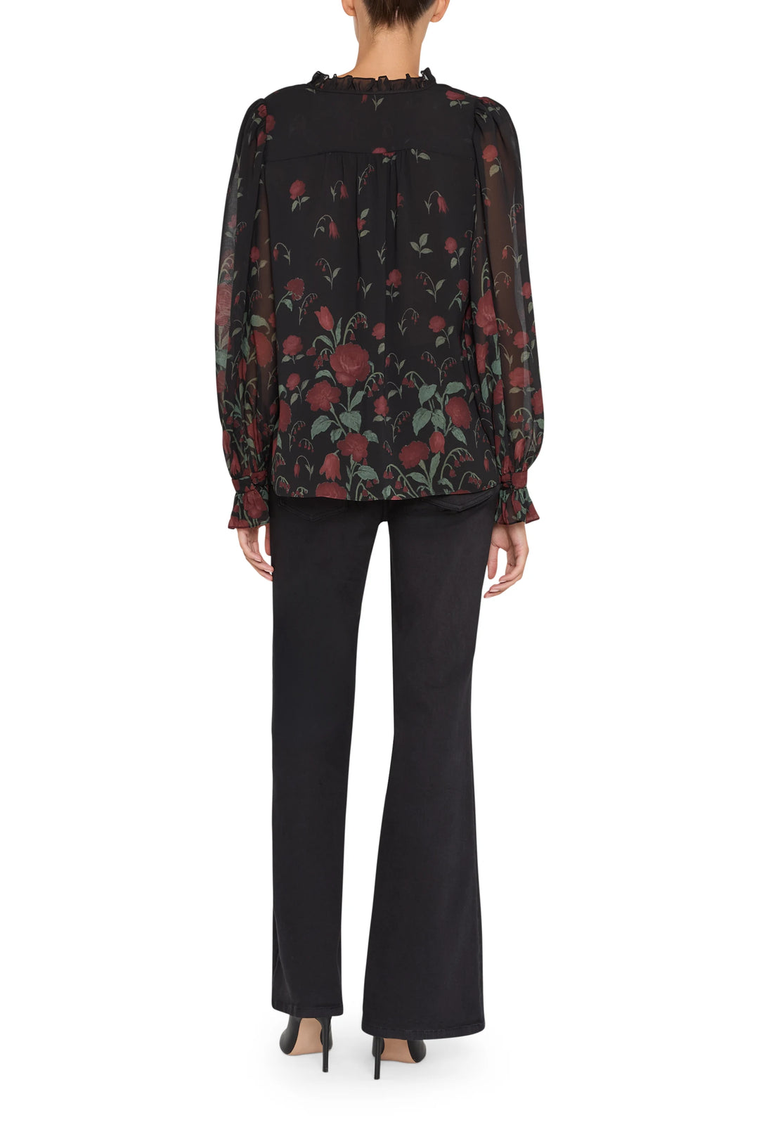 Sheer chiffon blouse with relaxed silhouette, subtle drape, and lightweight construction; back view on model.