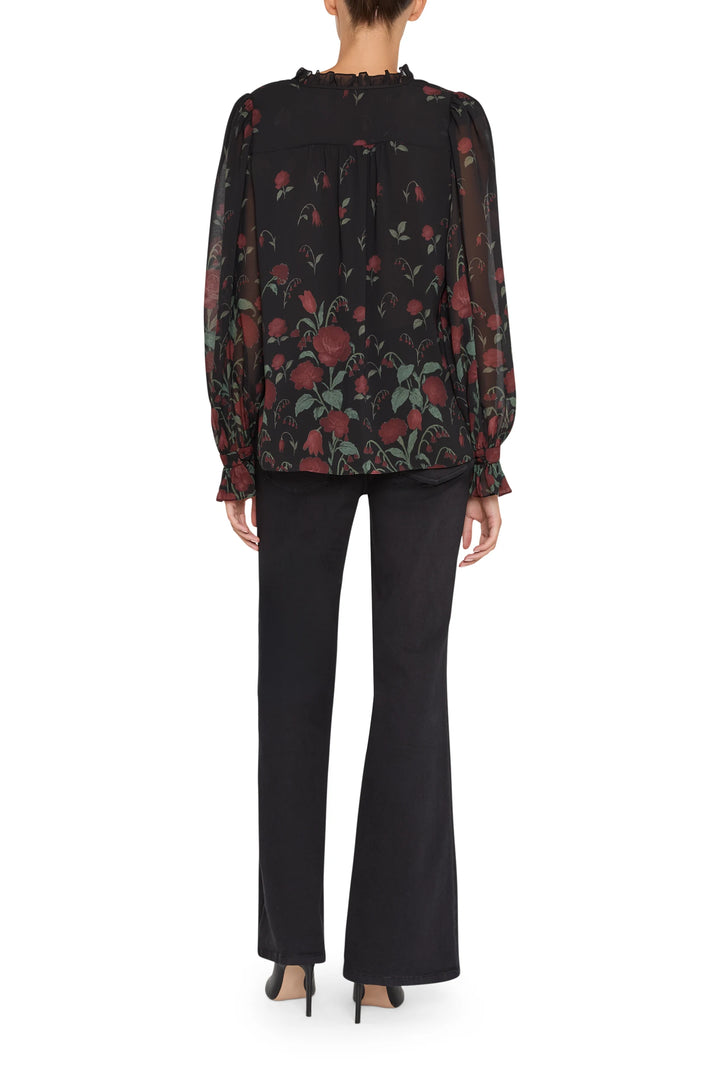 Sheer chiffon blouse with relaxed silhouette, subtle drape, and lightweight construction; back view on model.