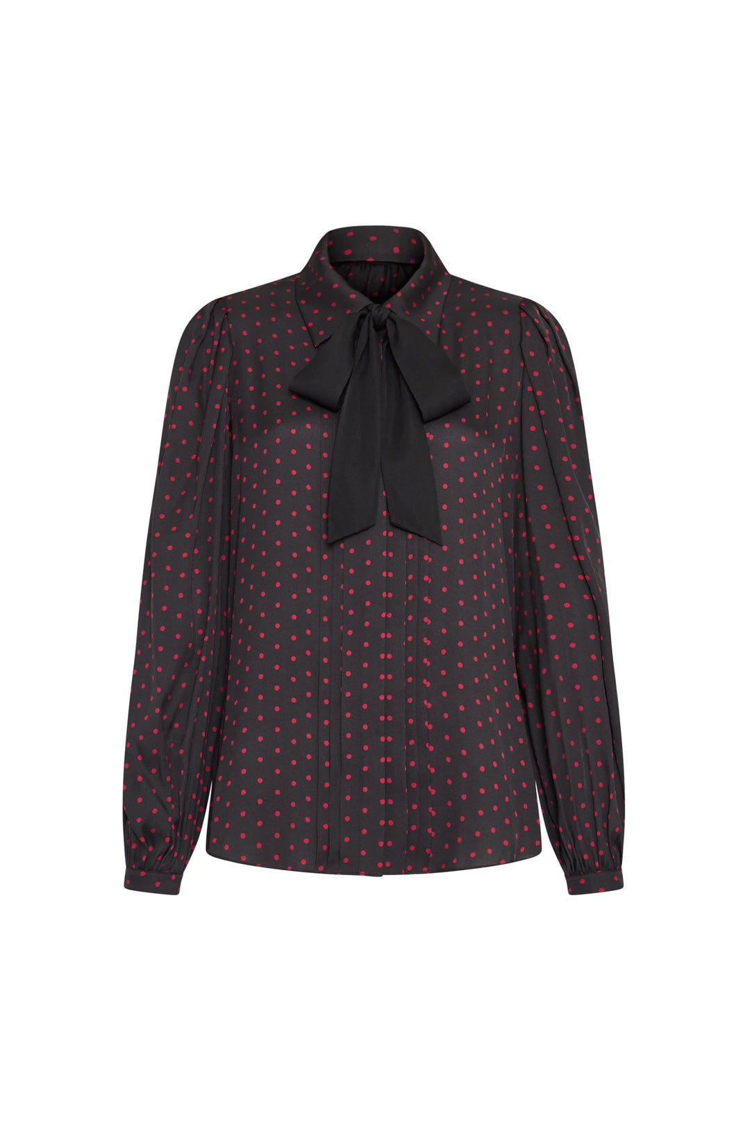 Silk blouse with polka dots, large bow collar, long sleeves, fluid silhouette. Front view on white.
