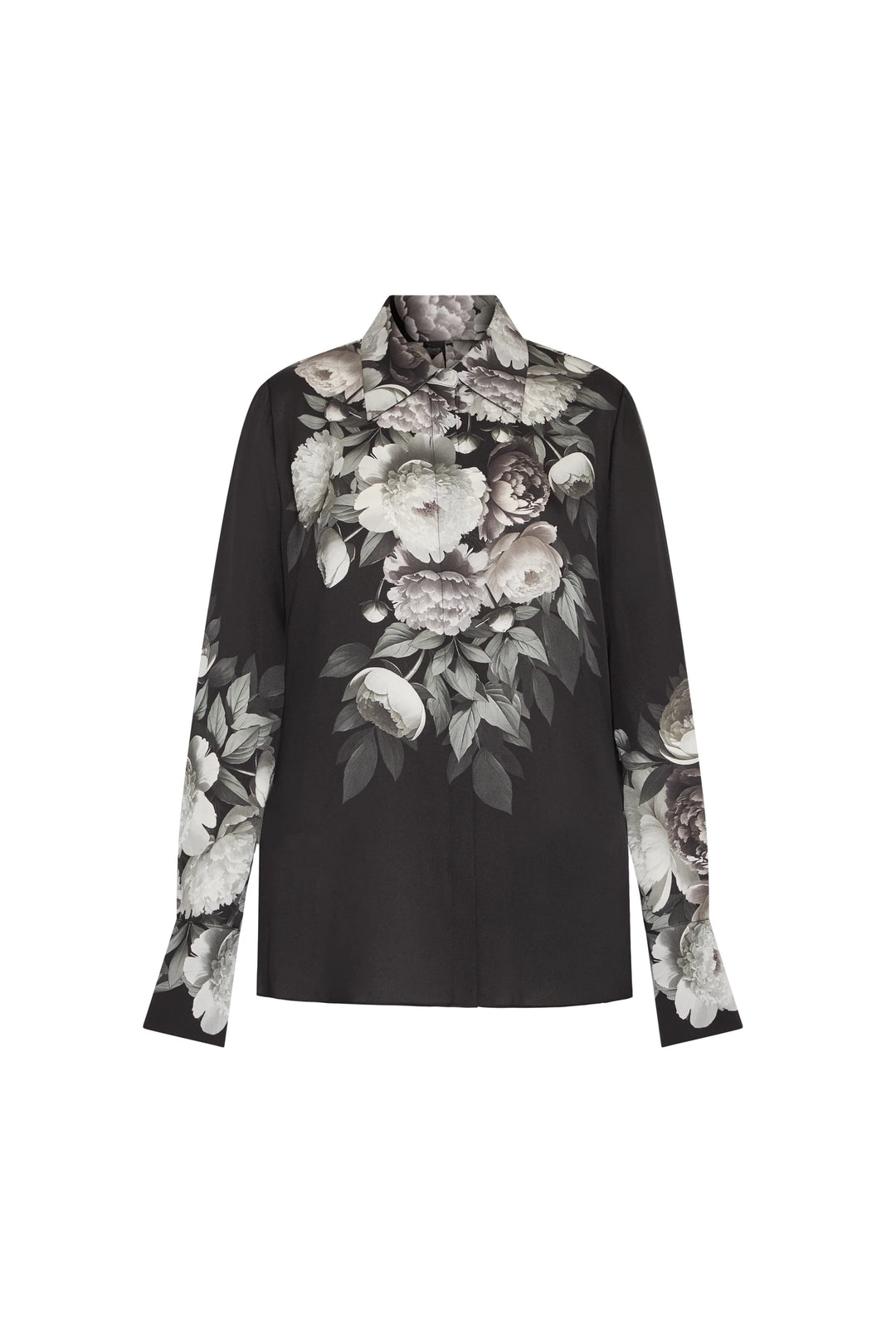 Long-sleeve silk blouse with botanical print, button collar, straight fit. Front view on white.