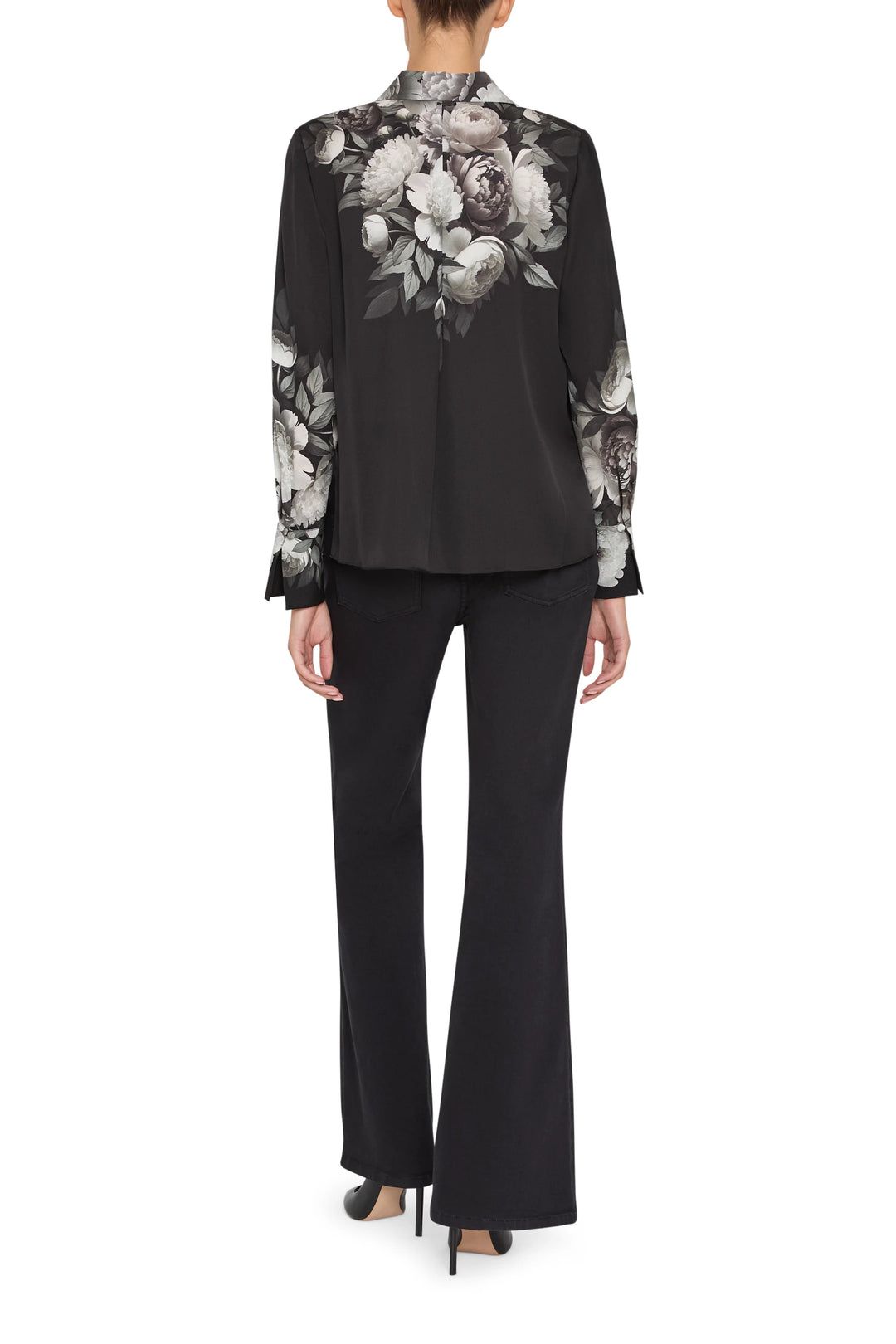 Printed silk blouse with relaxed silhouette, long sleeves, and back yoke seam; back view on model.