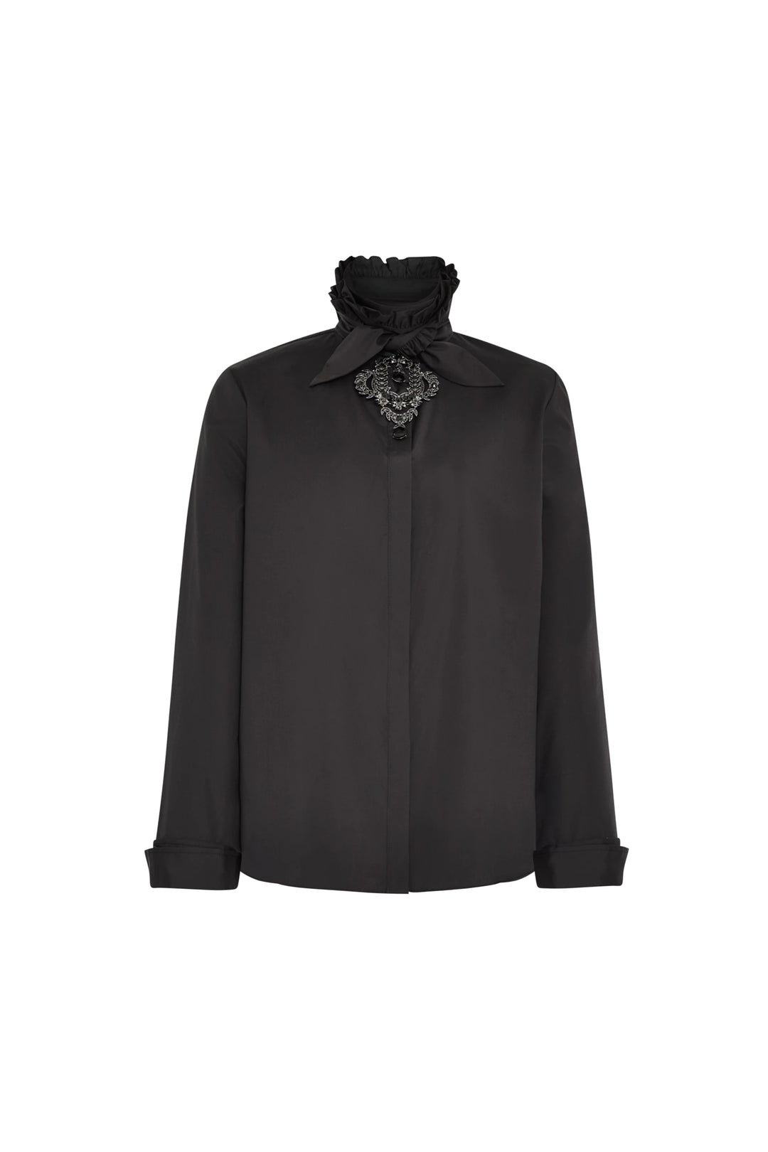 Black poplin shirt with ruffled high collar, jeweled neck detail, tailored silhouette; front view on white.