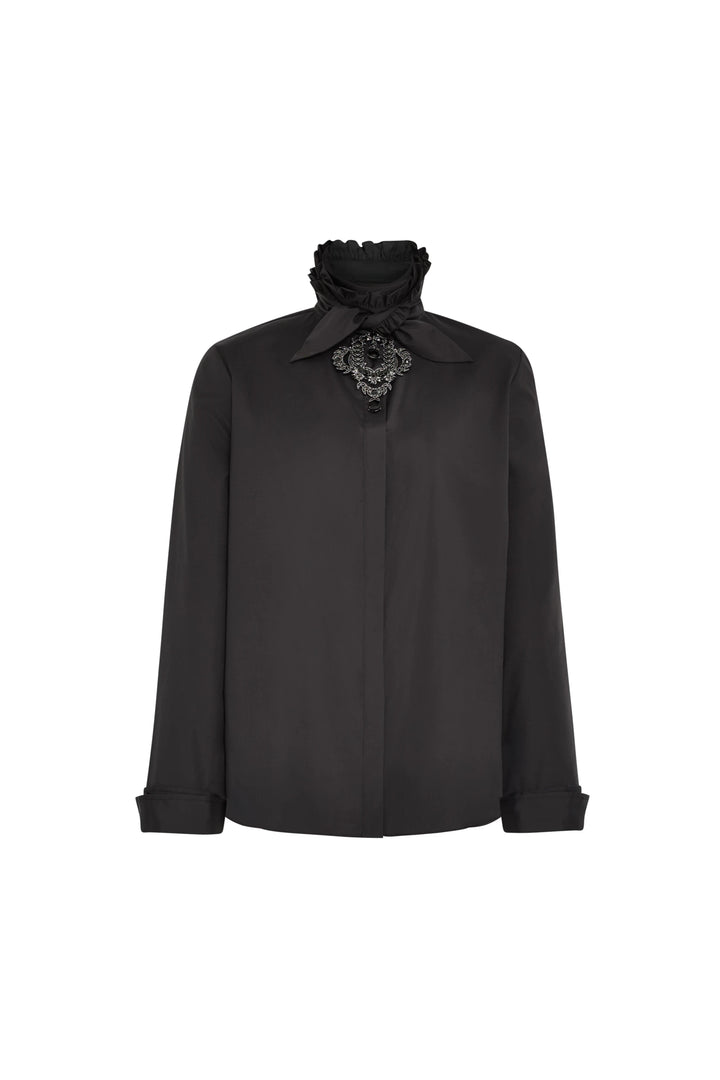 Black poplin shirt with ruffled high collar, jeweled neck detail, tailored silhouette; front view on white.