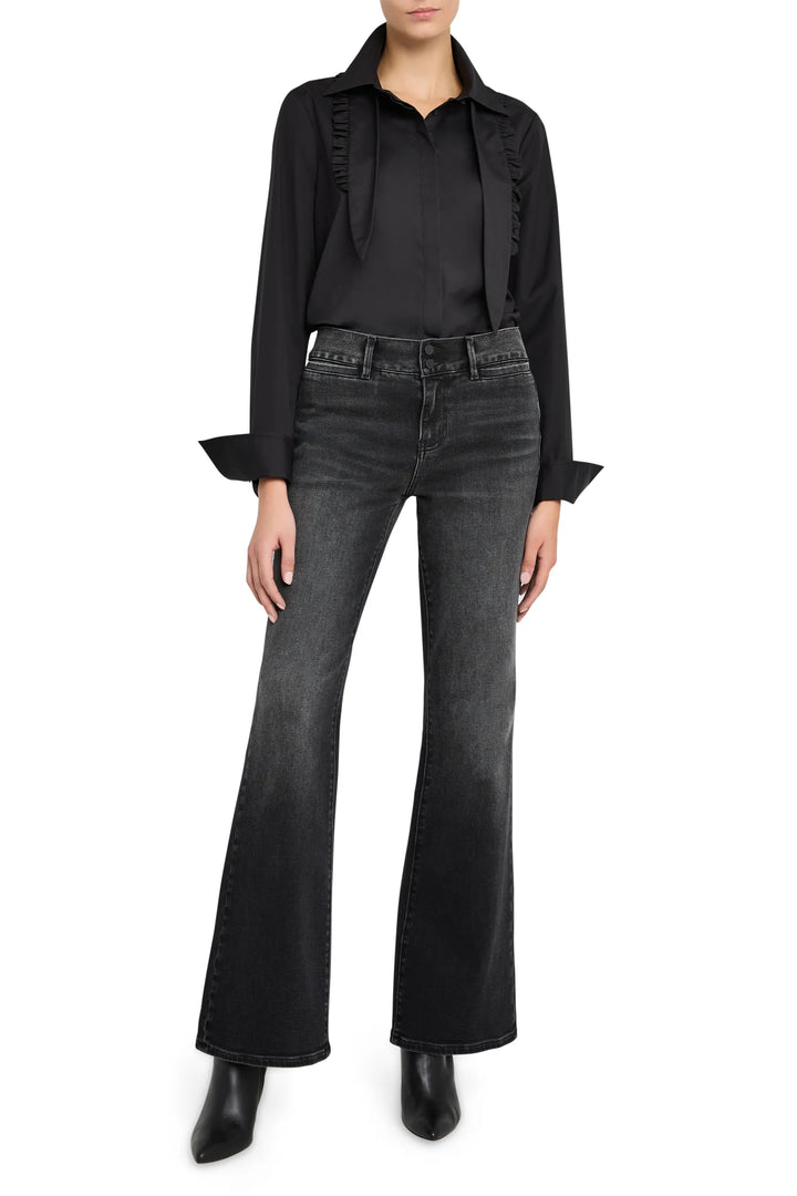 Crisp cotton poplin shirt with unique neck detail and tailored fit, clean silhouette; front view on white.