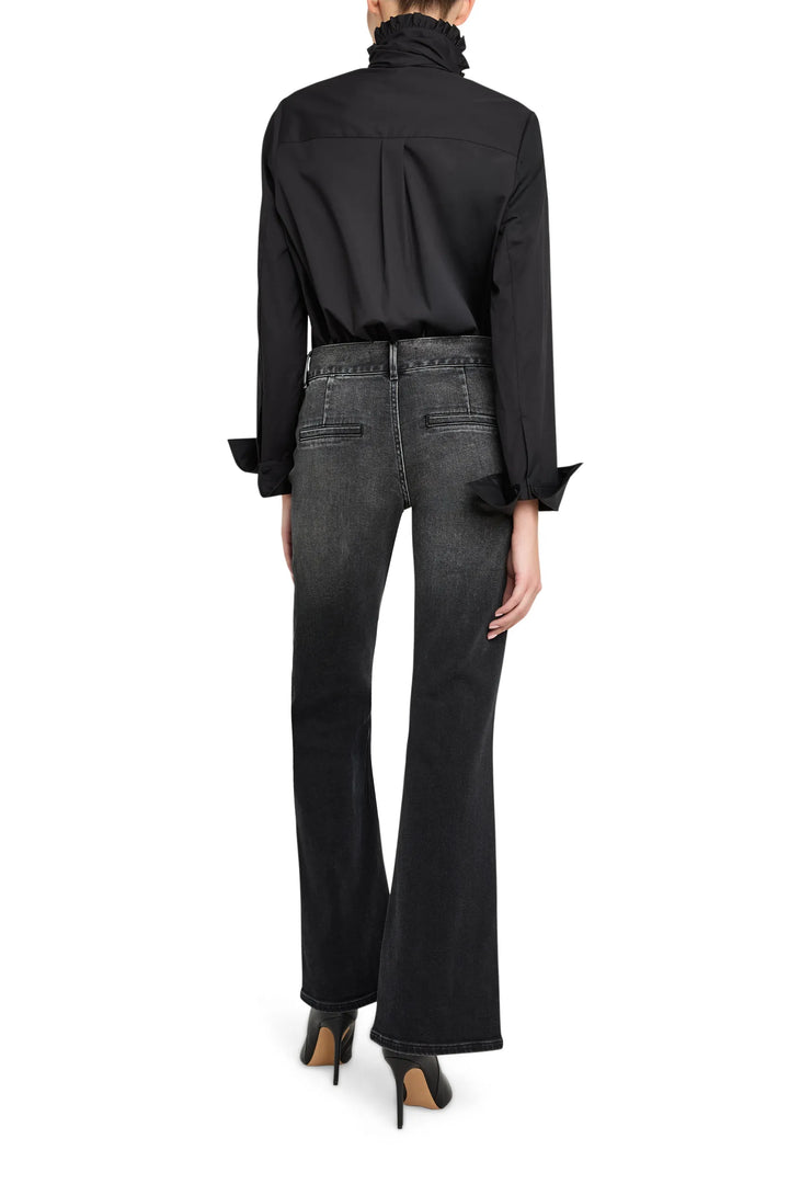 Straight-cut poplin shirt with neck detail, button front placket, drop shoulders; back view on model.