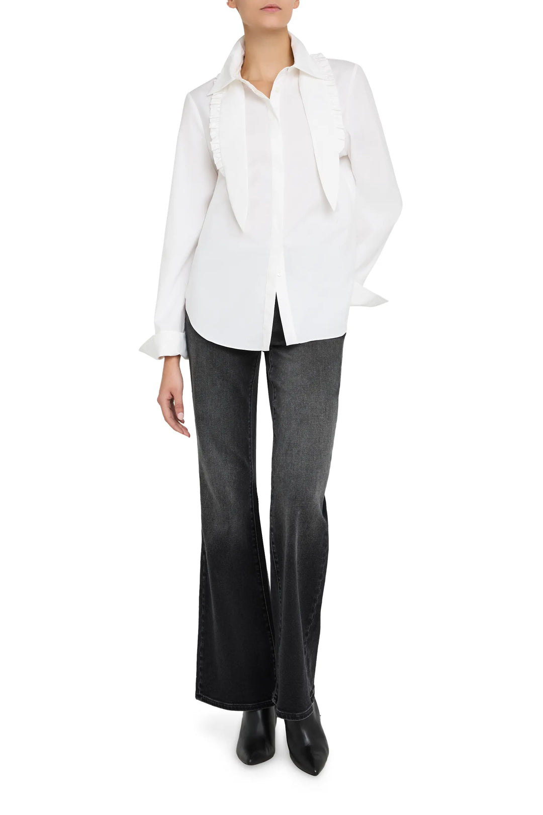 Relaxed-fit cotton poplin shirt with unique neckline detail and crisp tailoring, front view on white.