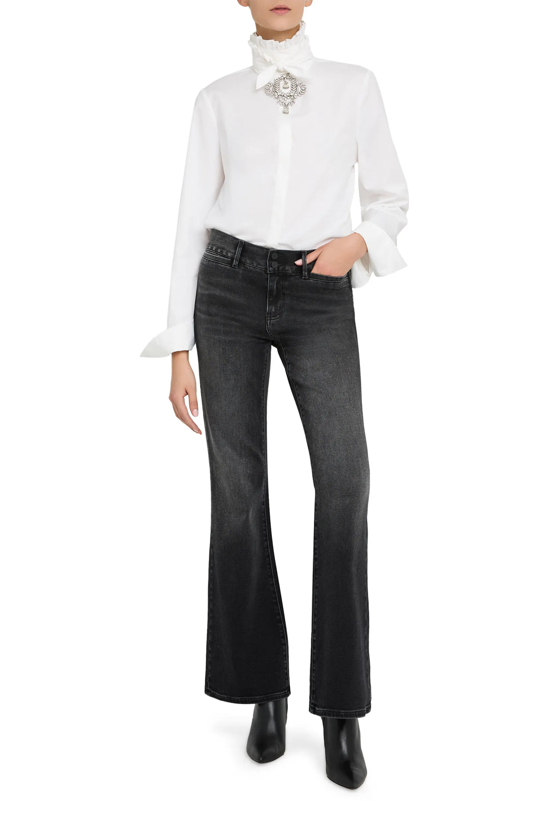 Crisp cotton poplin shirt with neck detail and tailored fit, featuring clean lines; front view on model.