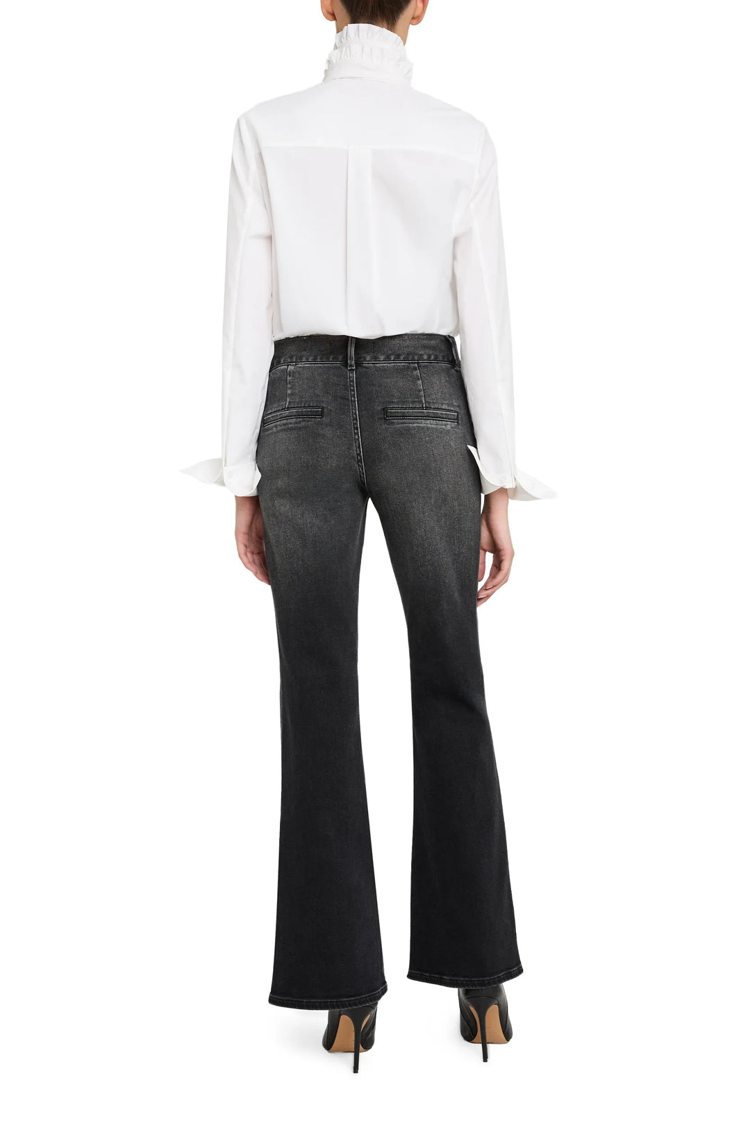Relaxed-fit poplin shirt with neck detail, straight hem, button front, long sleeves; back view on model.