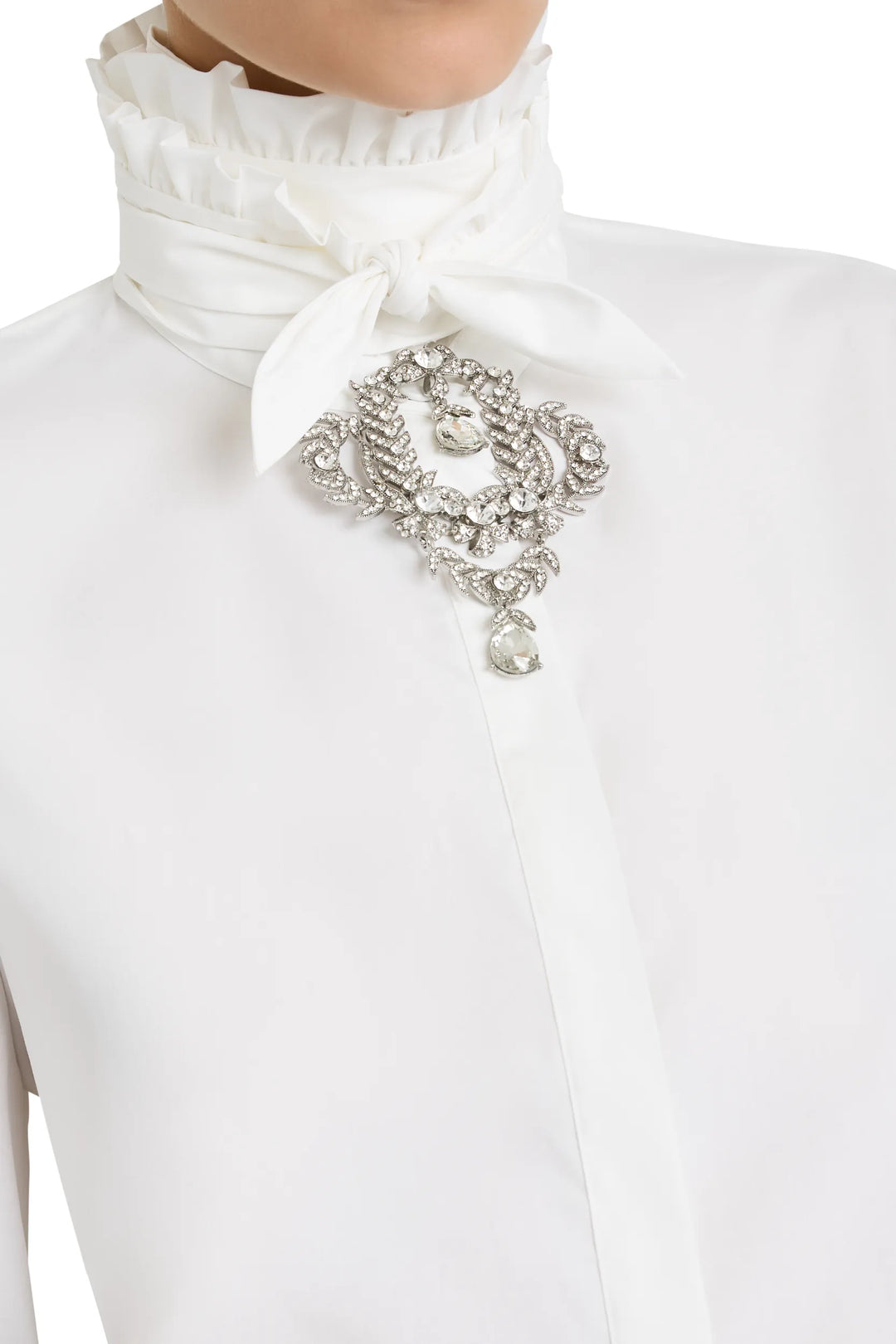 Crisp poplin shirt with statement neck detail and tailored silhouette, front view on model.