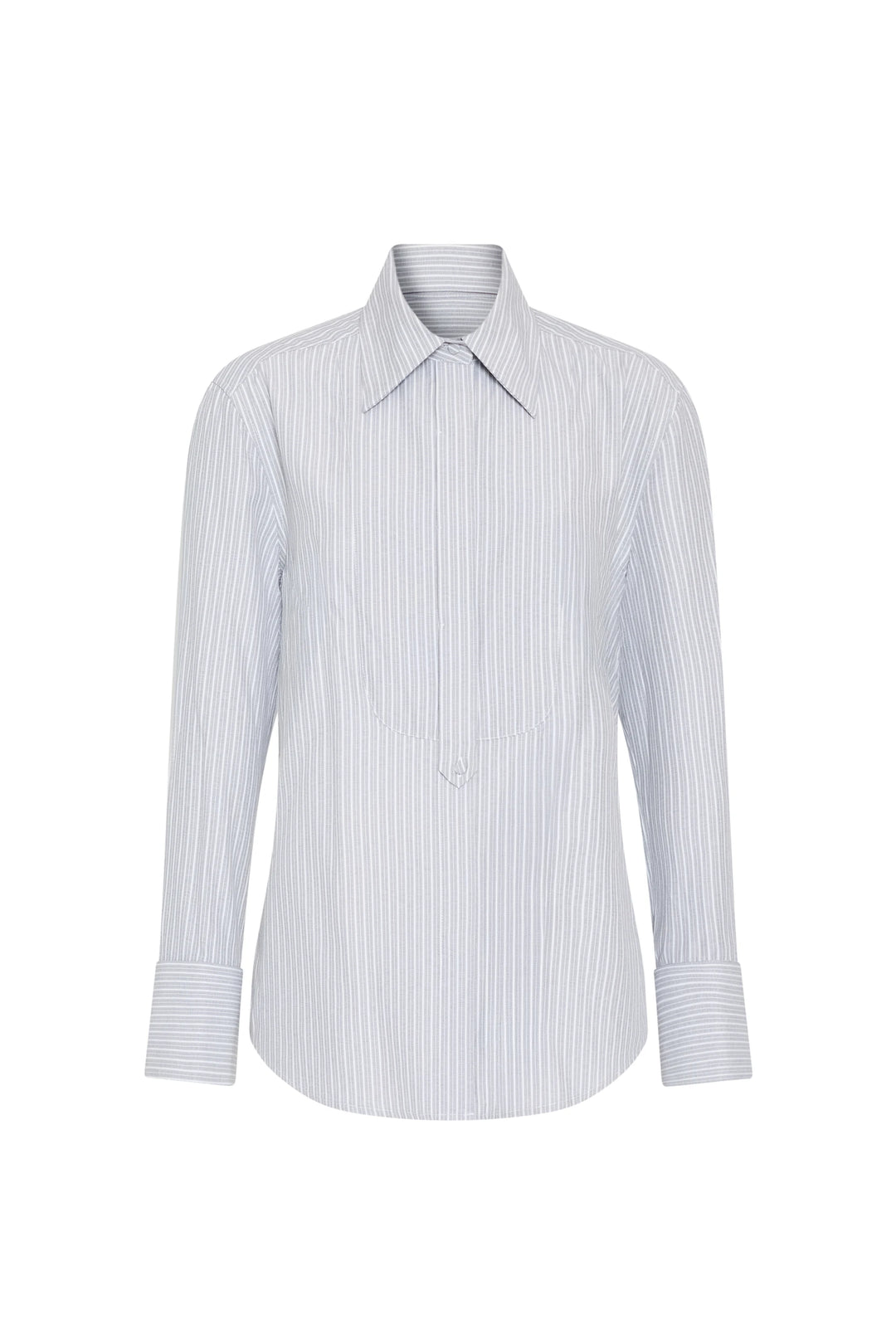 Oversized button-down with long sleeves, wide cuffs, vertical light blue/white stripes. Front view on white.