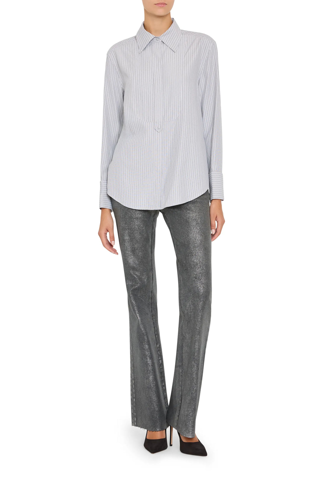 Relaxed-fit Tanner Striped Shirt, point collar, button front, long sleeves; front view on white.
