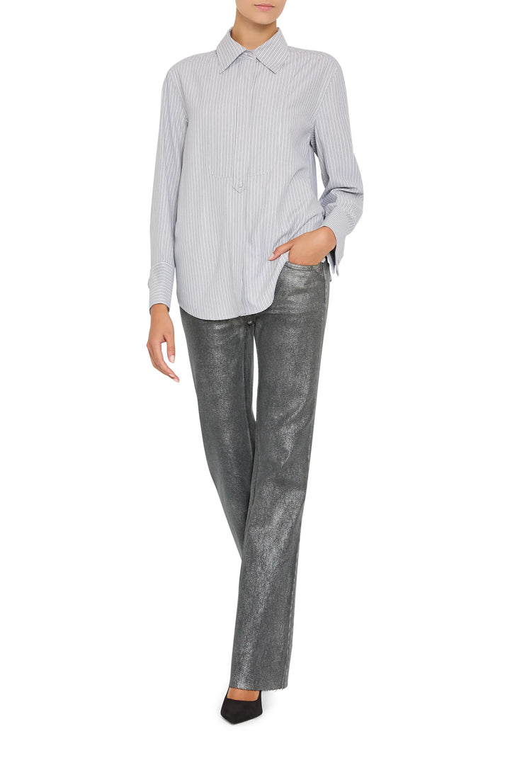 Straight-leg metallic silver pants with a tailored waist and side pockets, front view on model.