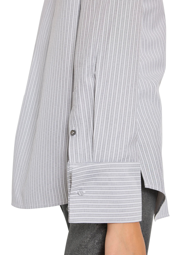 Relaxed-fit shirt with gray and white stripes, cuff detail, button front, cotton; front view on model.