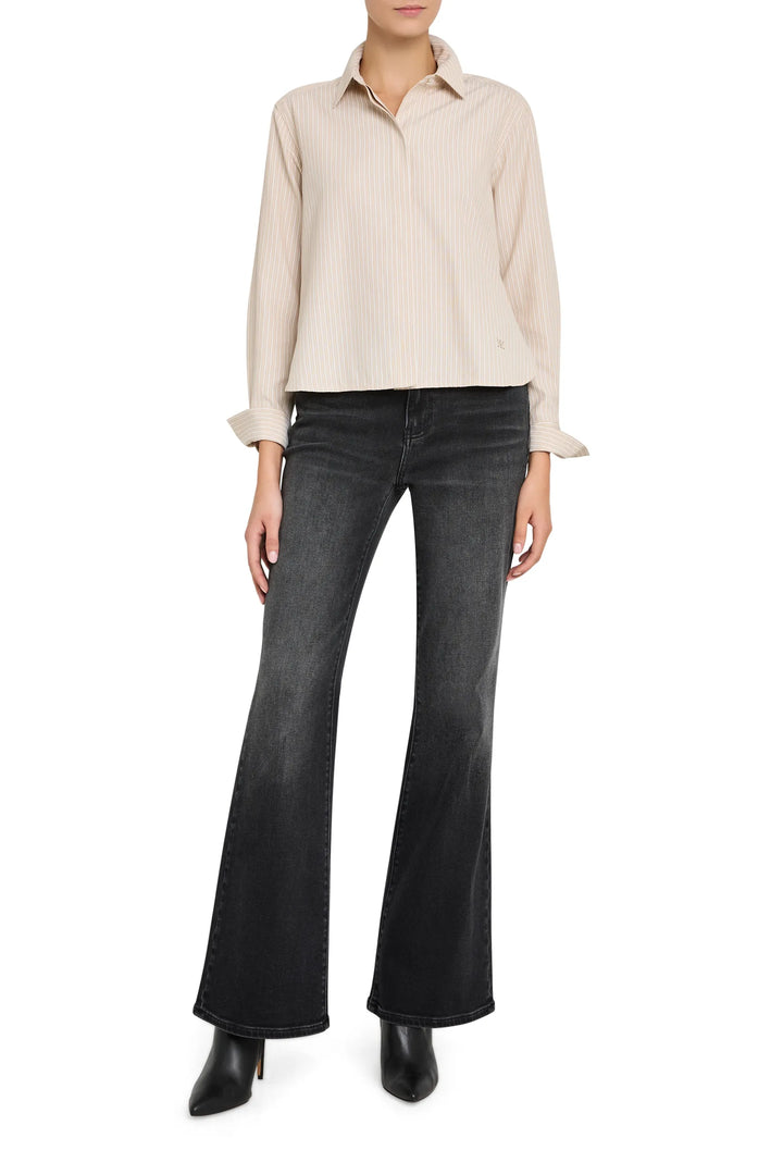 Straight-cut, long-sleeve cotton shirt with vertical stripes and button front. Front view on white.