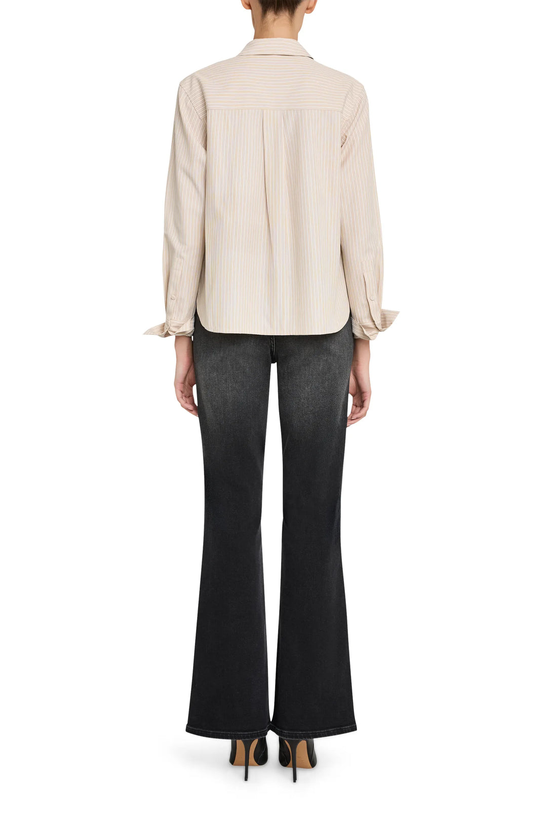 Relaxed-fit cotton shirt with vertical stripes, straight hem, button front; back view on model.