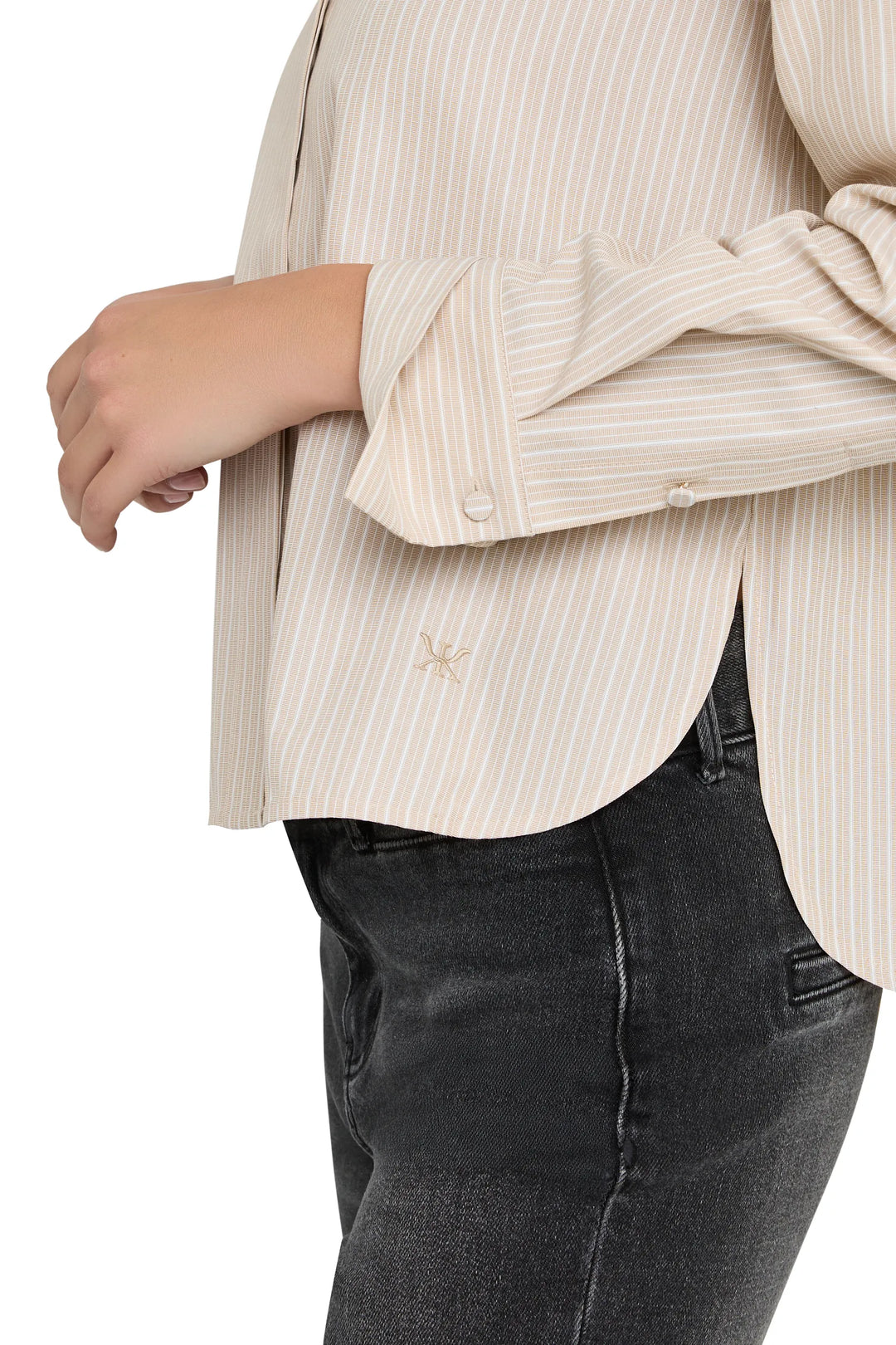 Straight-cut cotton shirt with vertical stripes, buttoned cuffs, point collar; side view on model.