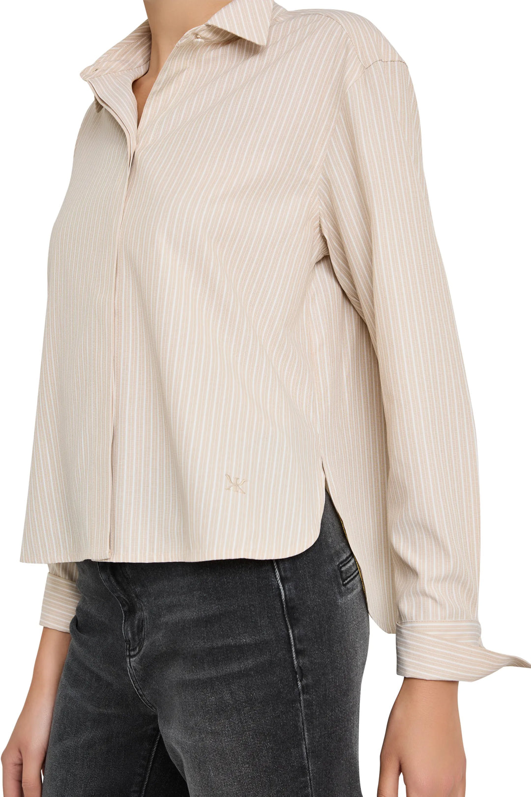 Relaxed-fit cotton shirt with horizontal stripes, button front, spread collar. Front view on model.
