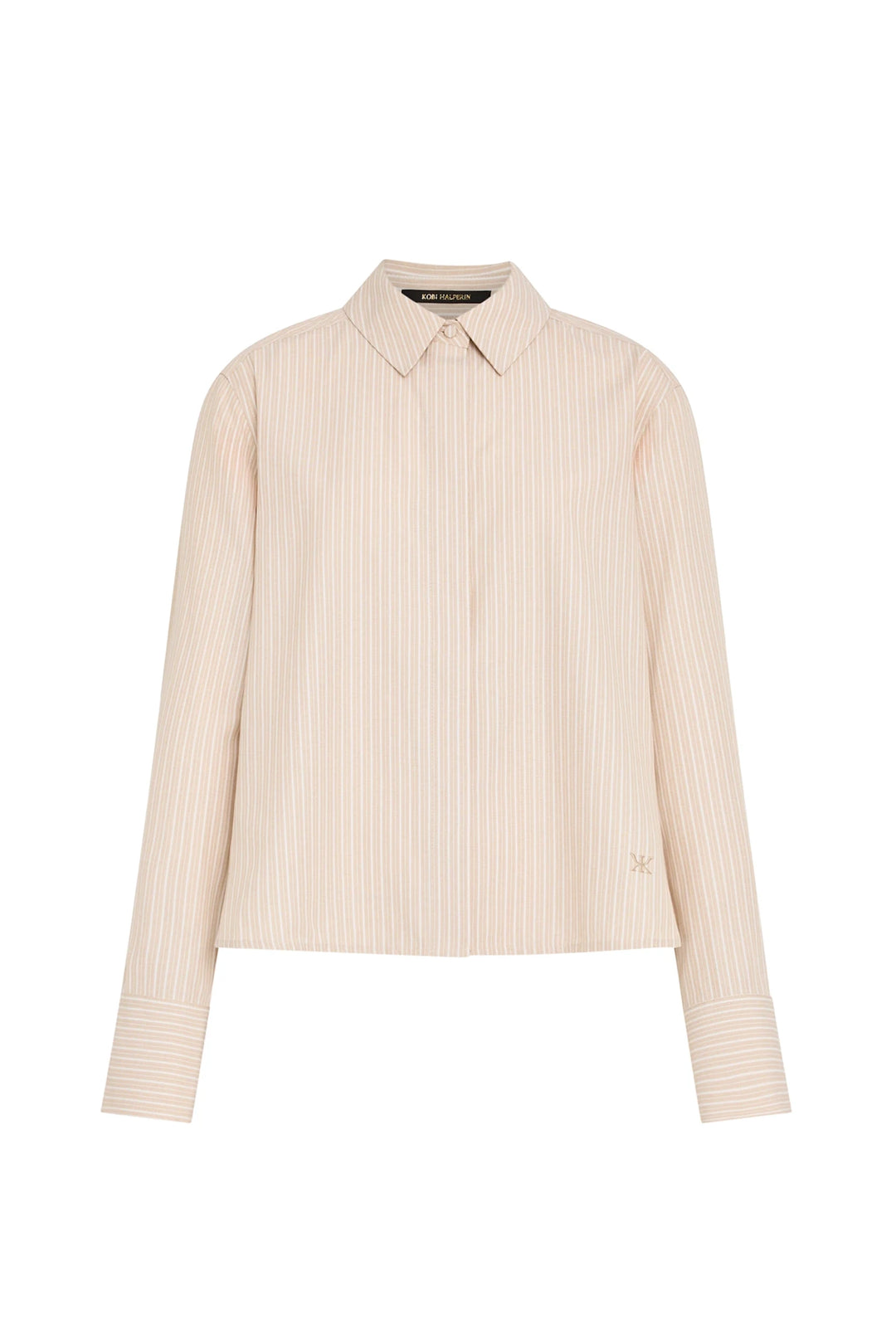 Collared cotton shirt with beige and white stripes, button front, embroidered logo. Front view on white.