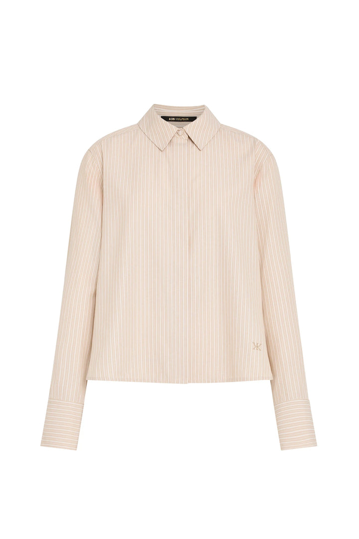 Collared cotton shirt with beige and white stripes, button front, embroidered logo. Front view on white.