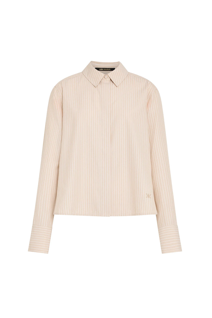 Alexie Striped Cotton Shirt with pointed collar, vertical stripes, classic fit and button front; front view on white.