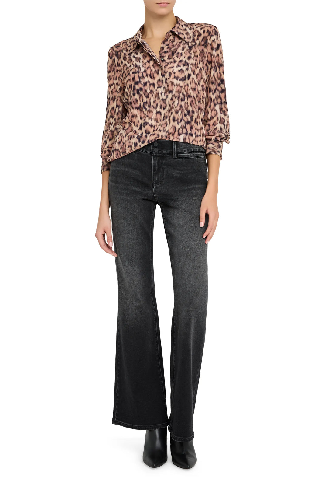 Relaxed-fit Charlize Printed Blouse in fluid fabric with bishop sleeves and button front. Front view on white.