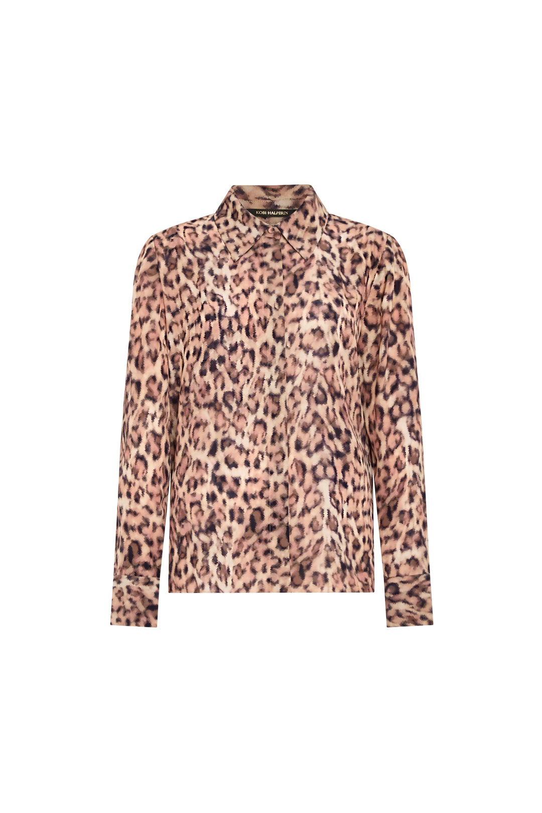Long-sleeve viscose blouse with oversized collar, loose fit, animal print. Front view on white.