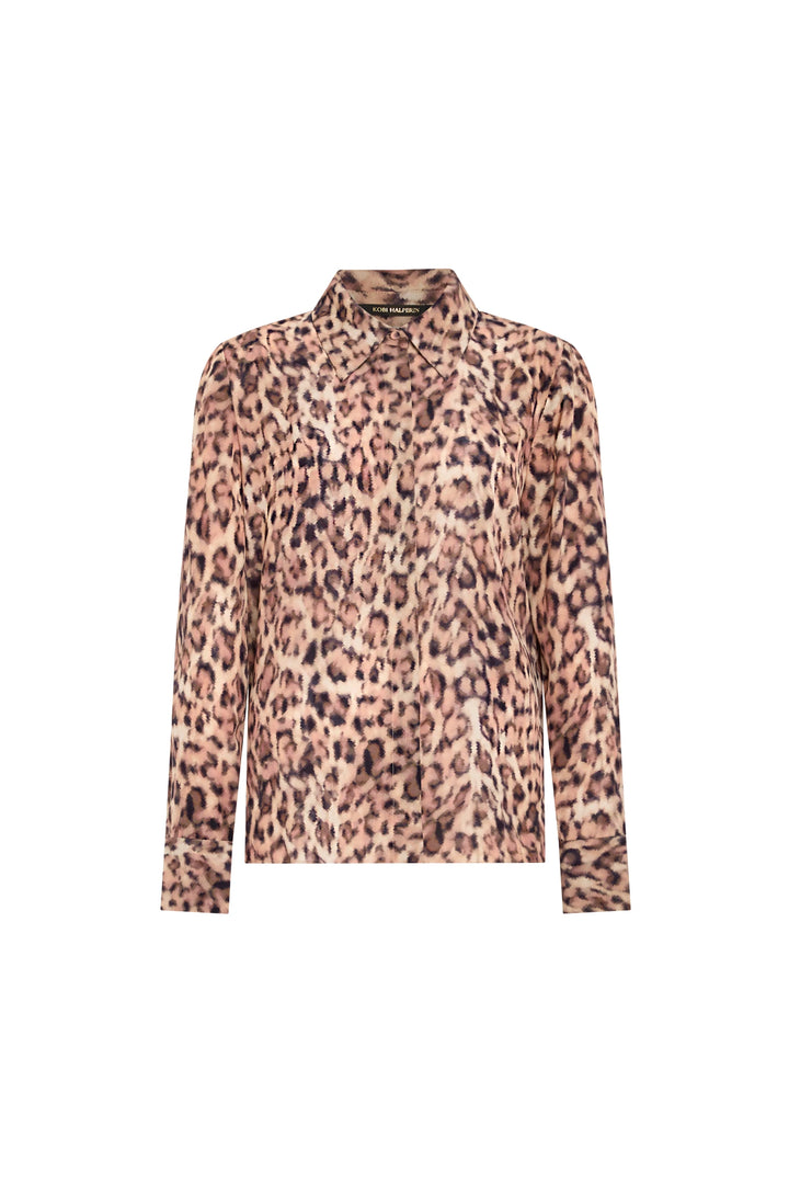 Long-sleeve viscose blouse with oversized collar, loose fit, animal print. Front view on white.