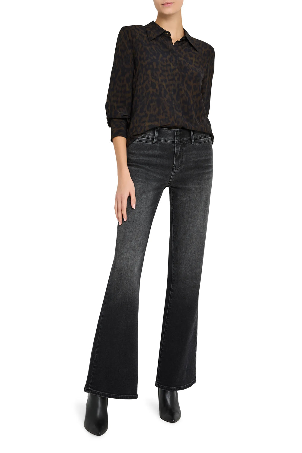 Charlize Printed Blouse with relaxed silhouette, button front, blouson sleeves. Front view on white.