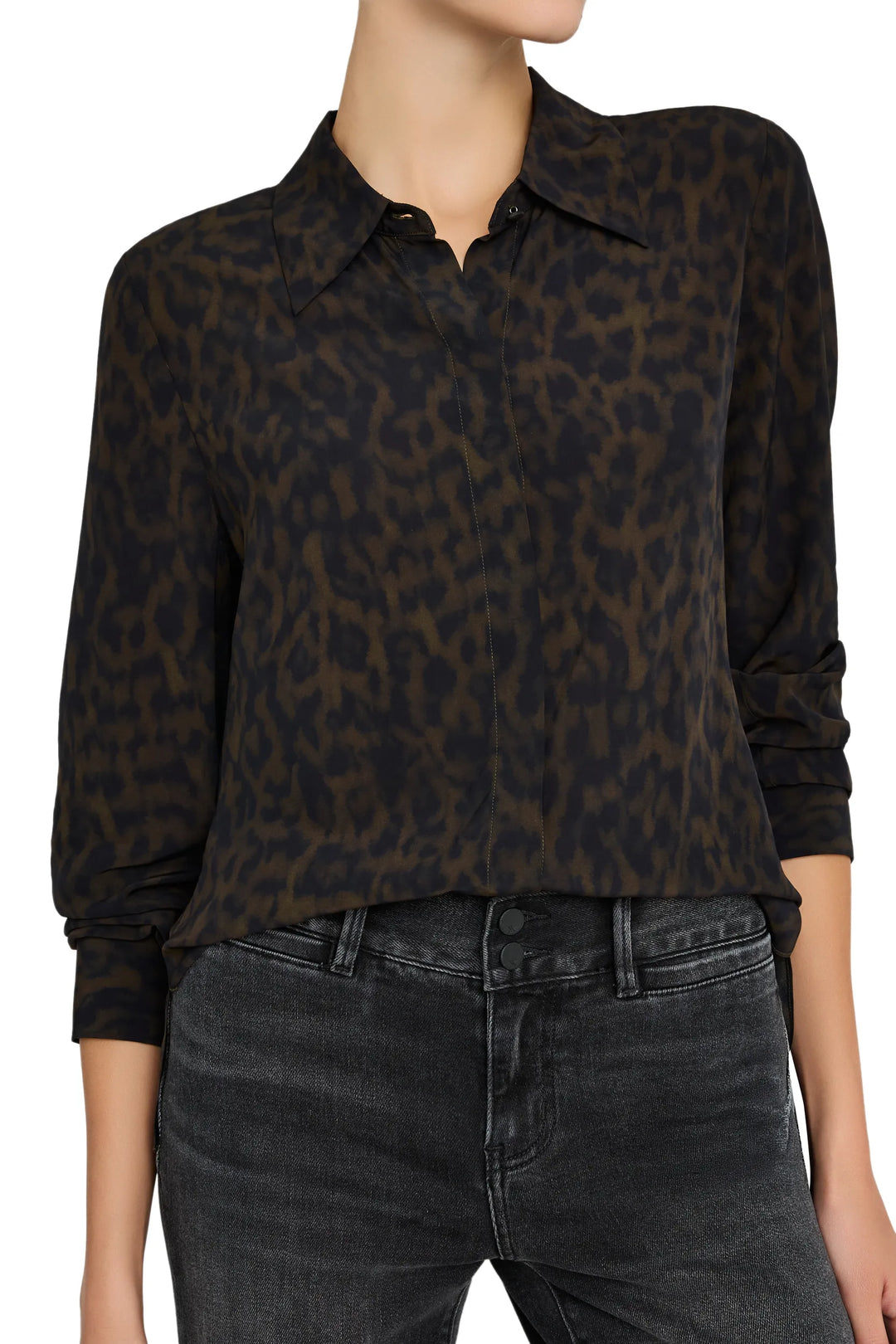 Relaxed-fit blouse with draped viscose, abstract animal print, long sleeves; front view on white.
