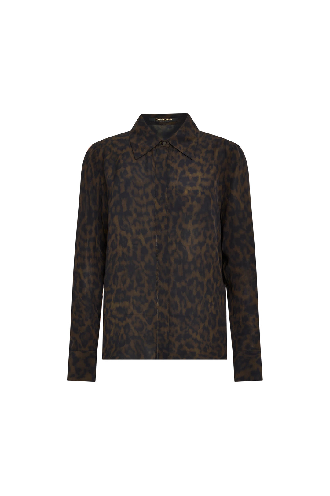 Viscose blouse with oversized collar, long sleeves, abstract animal print; relaxed silhouette. Front view on white.