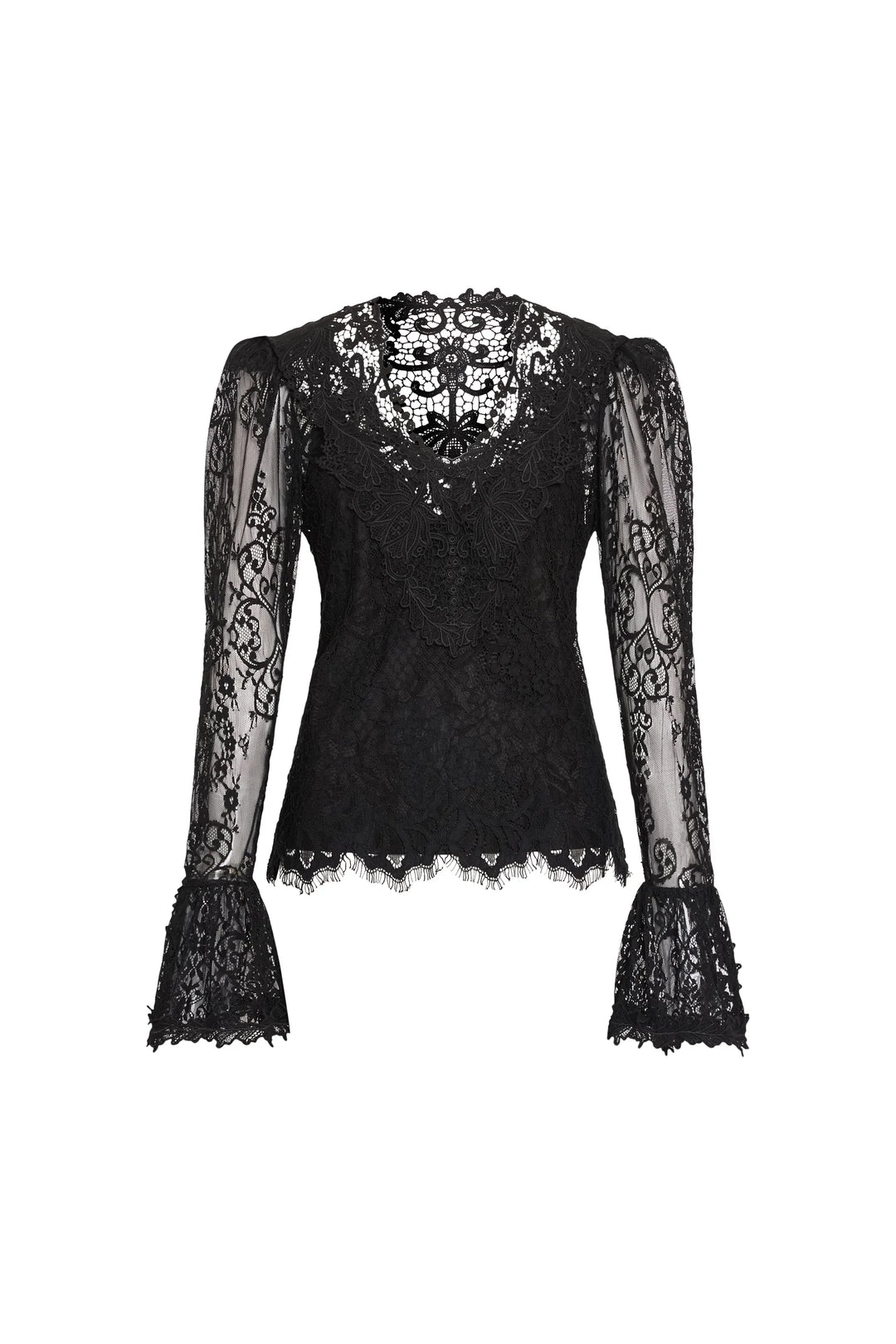 Callie Lace Blouse: black Chantilly lace V-neck, floral embroidery, flared cuffs, puff sleeves, front view on white.